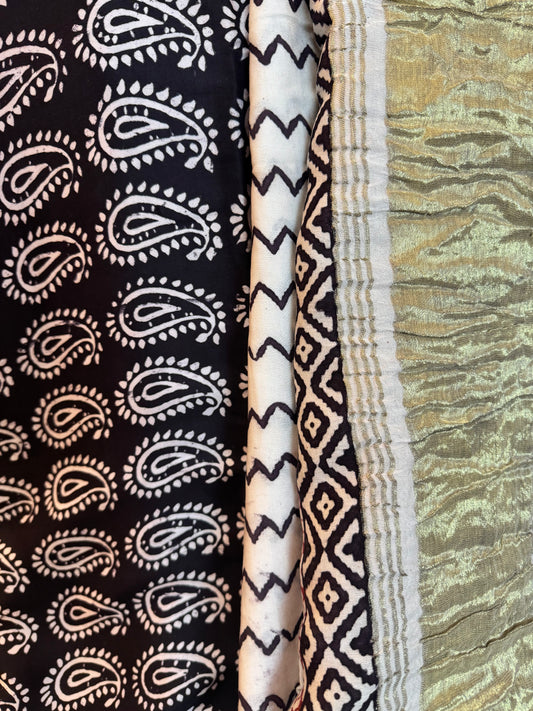 Black Bagru Hand Block Modal Silk Suit Set