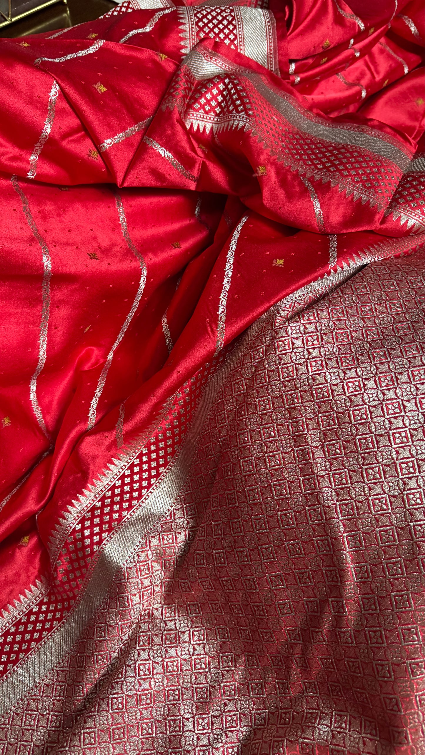 Bright Red Satin Mashru Banarasi Saree with Silver Zari Aada Stripes and Meena Detailing