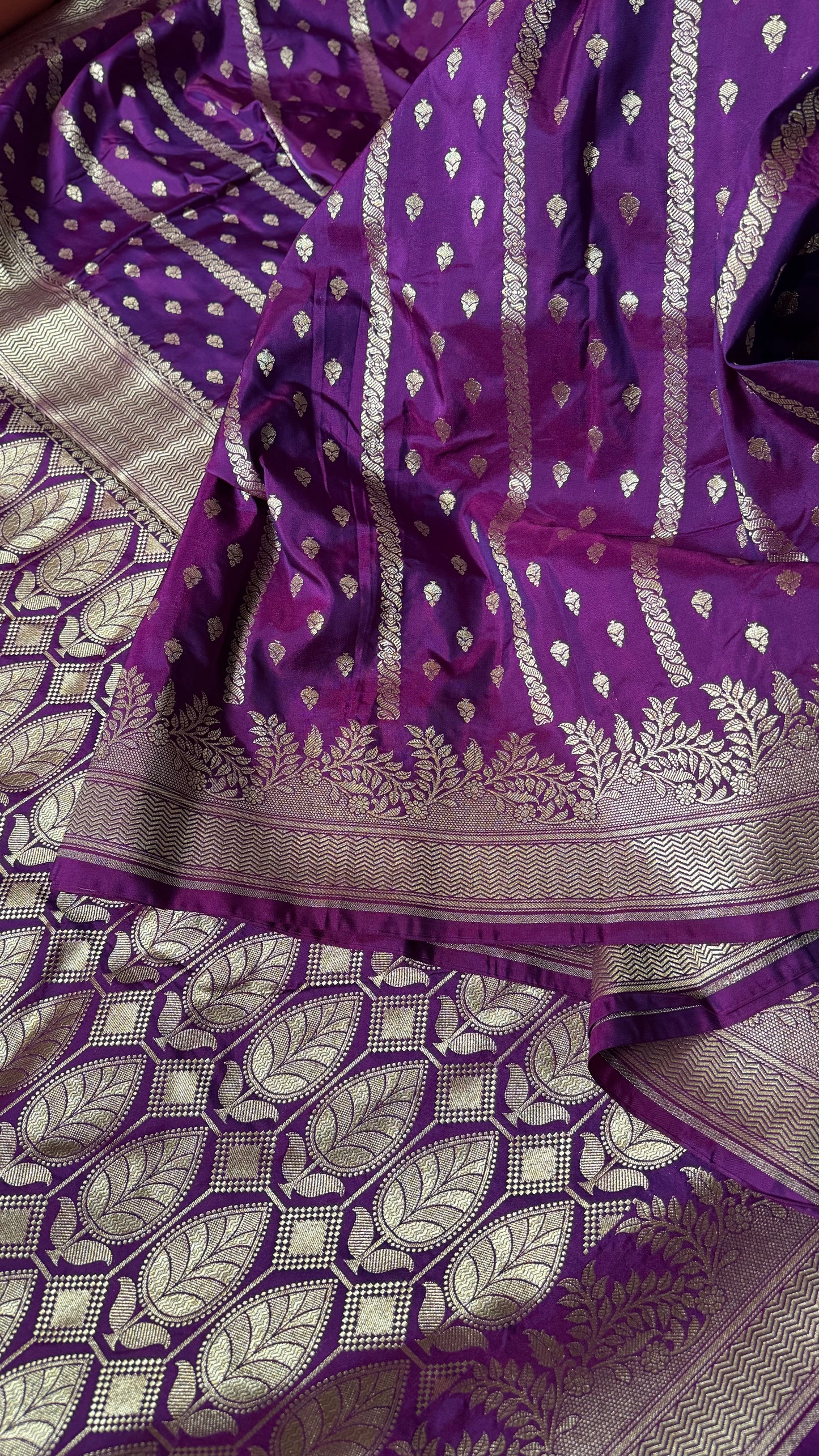 Deep Purple Organza Chiffon Saree with Silver Zari Stripes and Booties Description