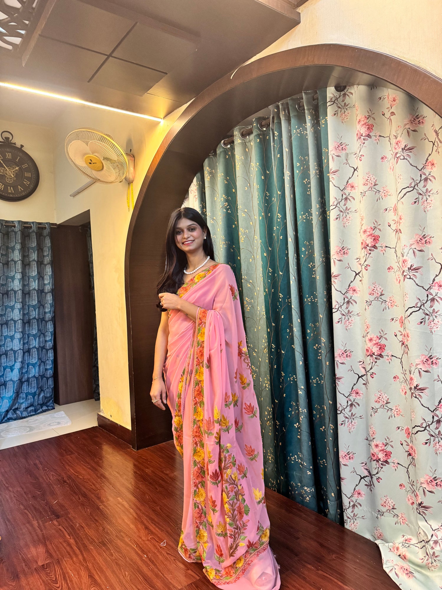 Peach Kashmiri georgette saree
