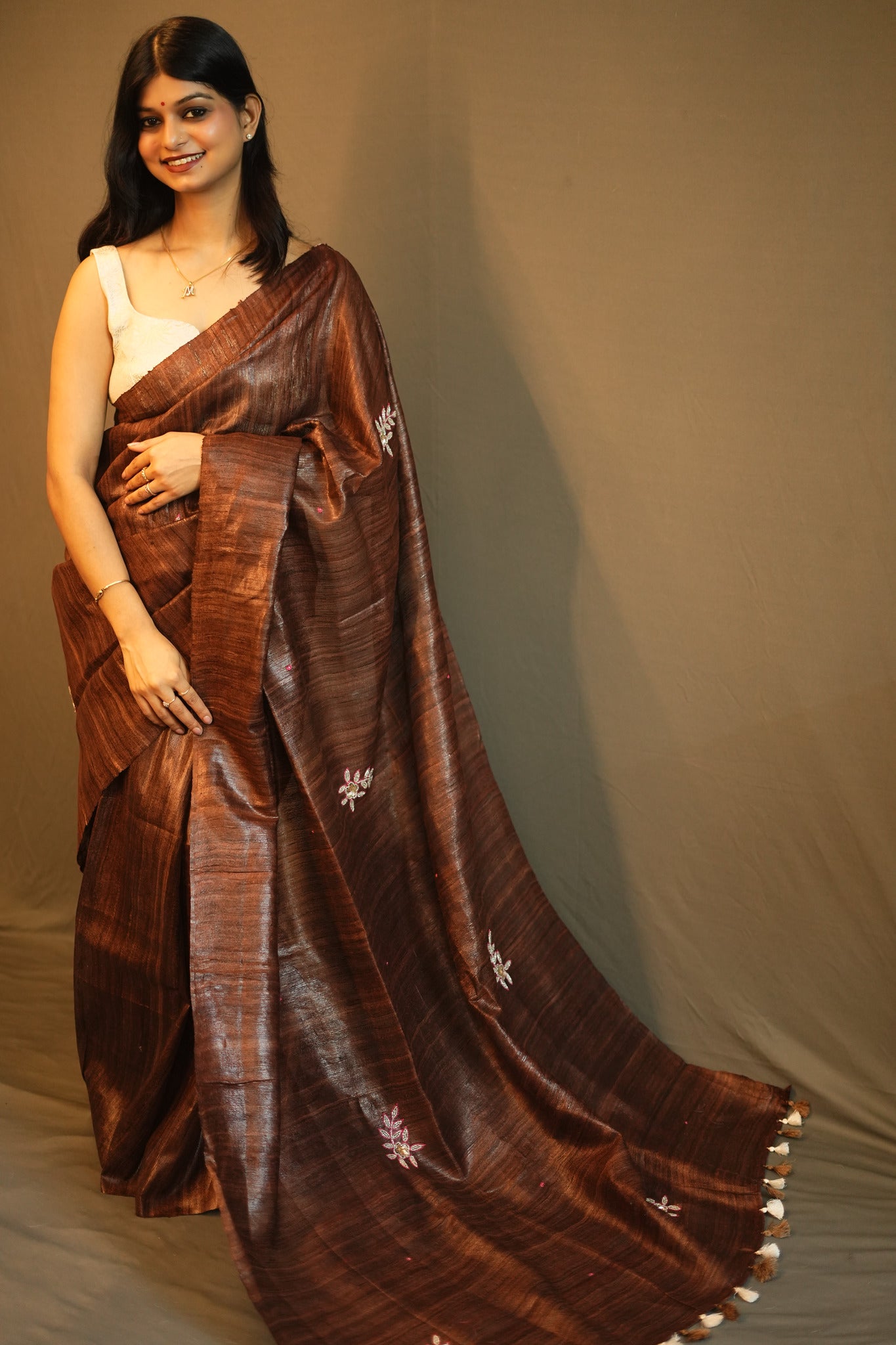 Brown Pure Bhagalpuri Tussar Ghicha Saree with Magenta Resham and Moti Work
