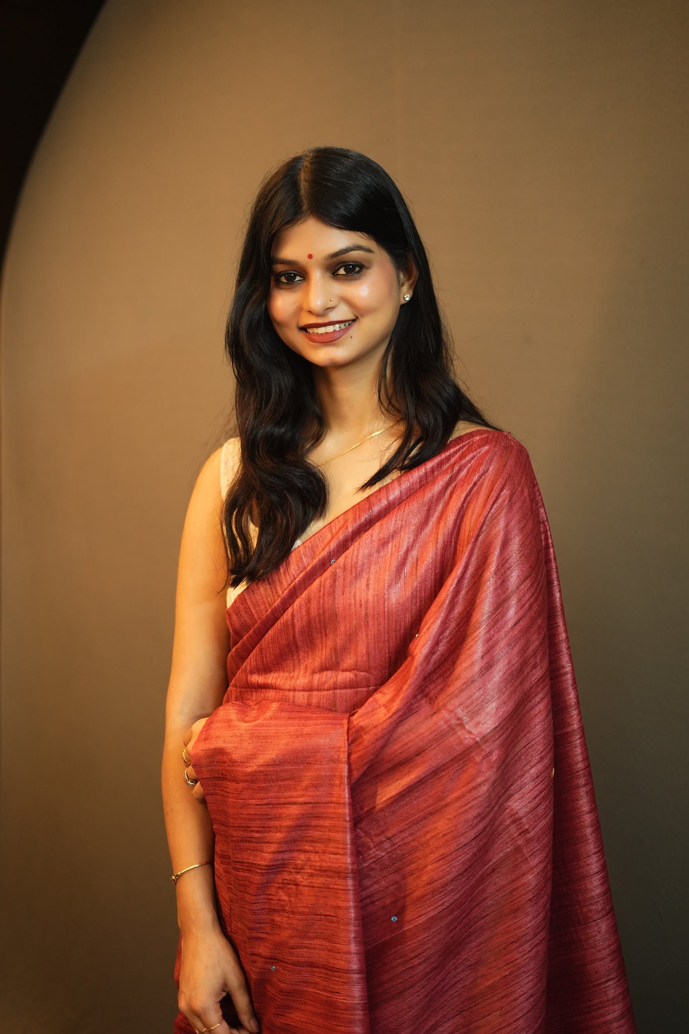 Rust Copper Pure Tussar Ghicha Silk Saree with Hand Embroidered Floral Motifs