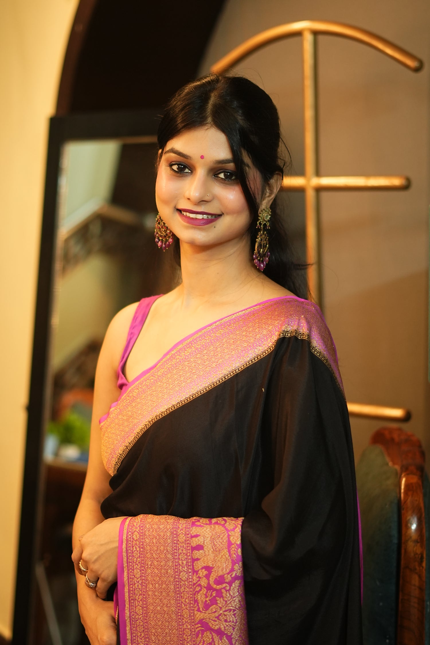 Black Pure Crepe Banarasi Saree with Antique Zari Shikargah Border