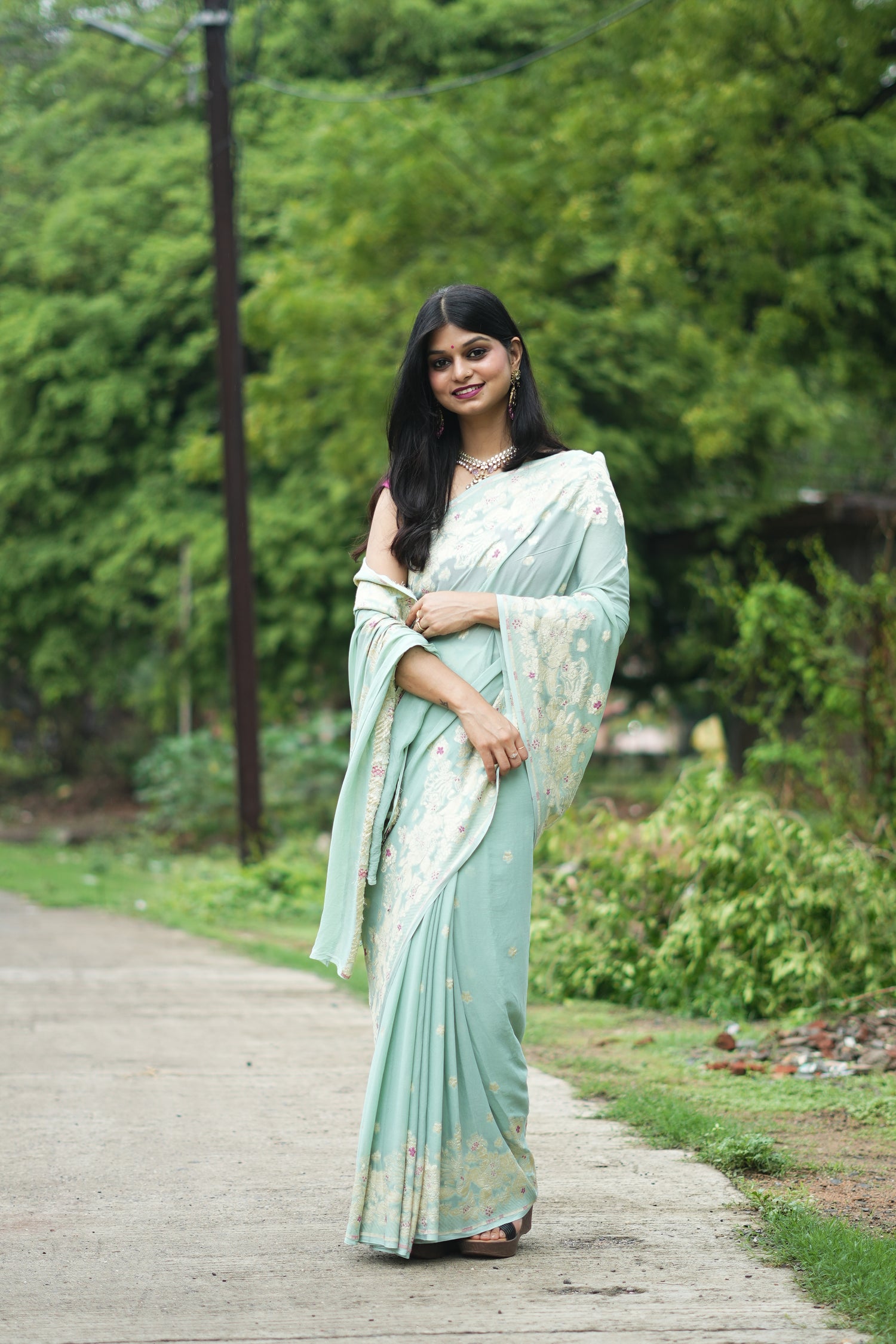 Mint Green Pure Chiffon Water Zari Saree