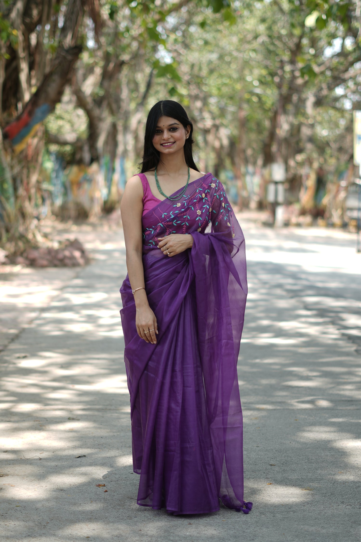 Purple Hand Embroidered Organza Saree