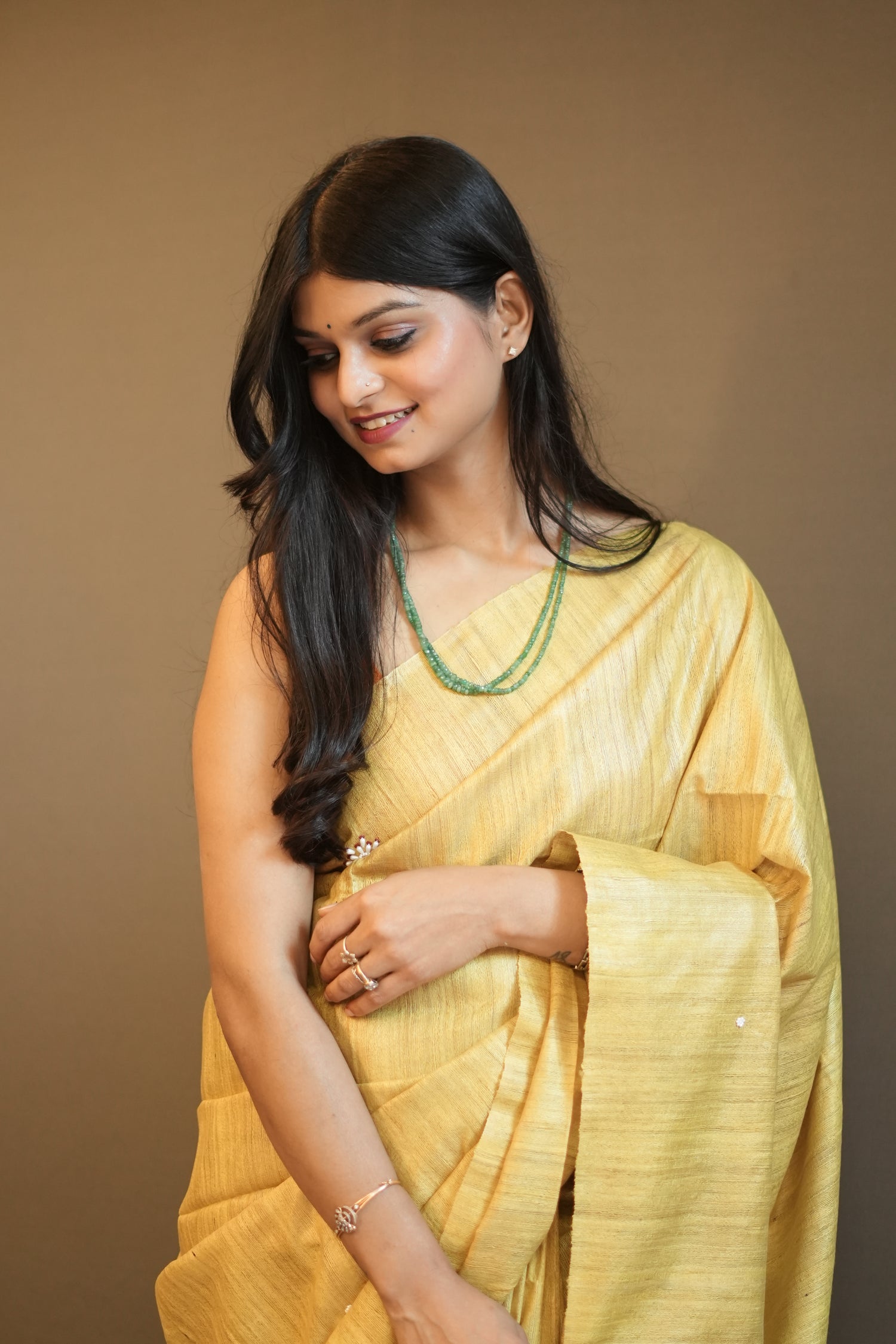 Mustard Tussar Ghicha Silk Saree