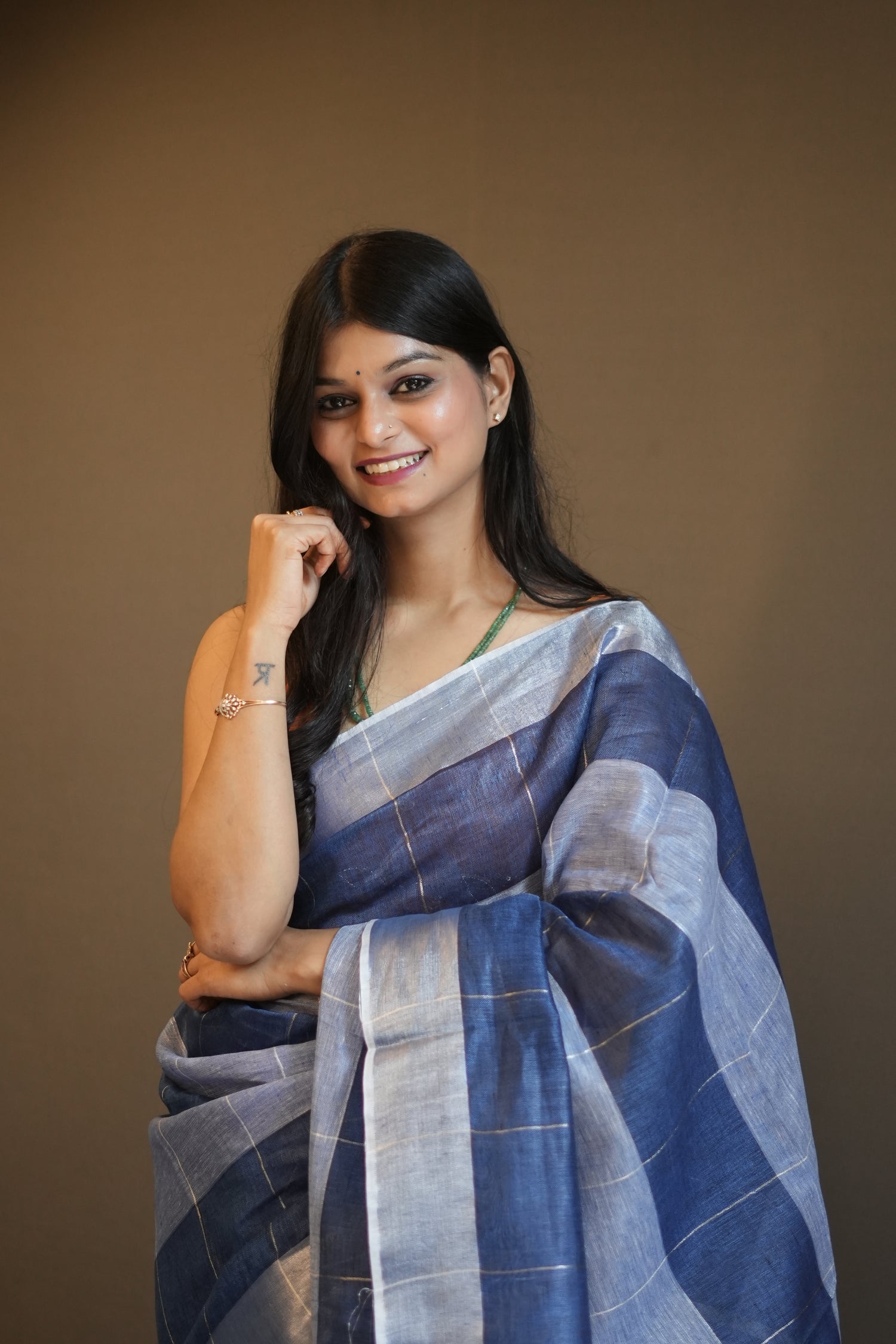 Blue Two Tone Pure Linen Saree
