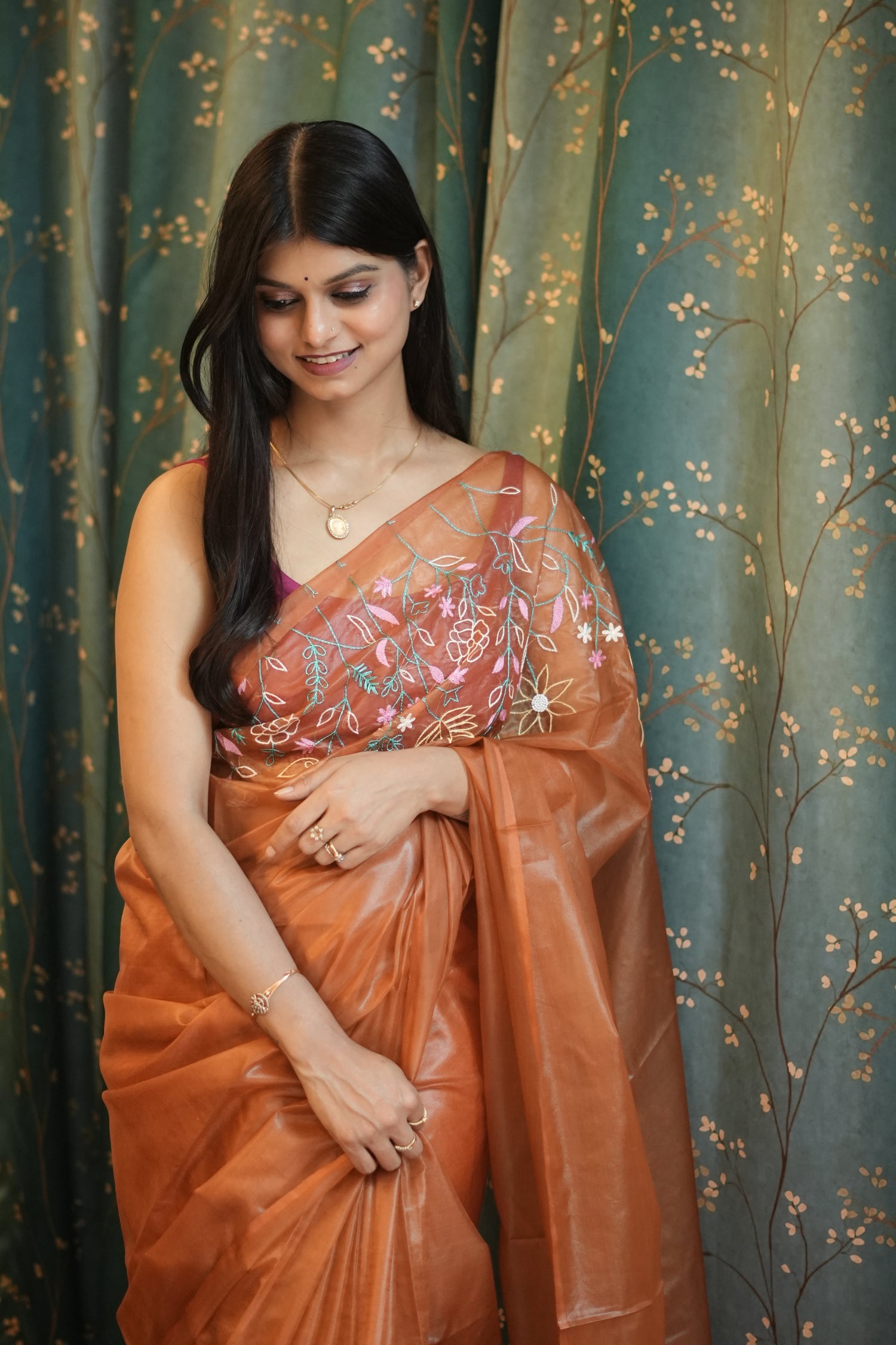 Burnt Orange Organza Silk Saree
