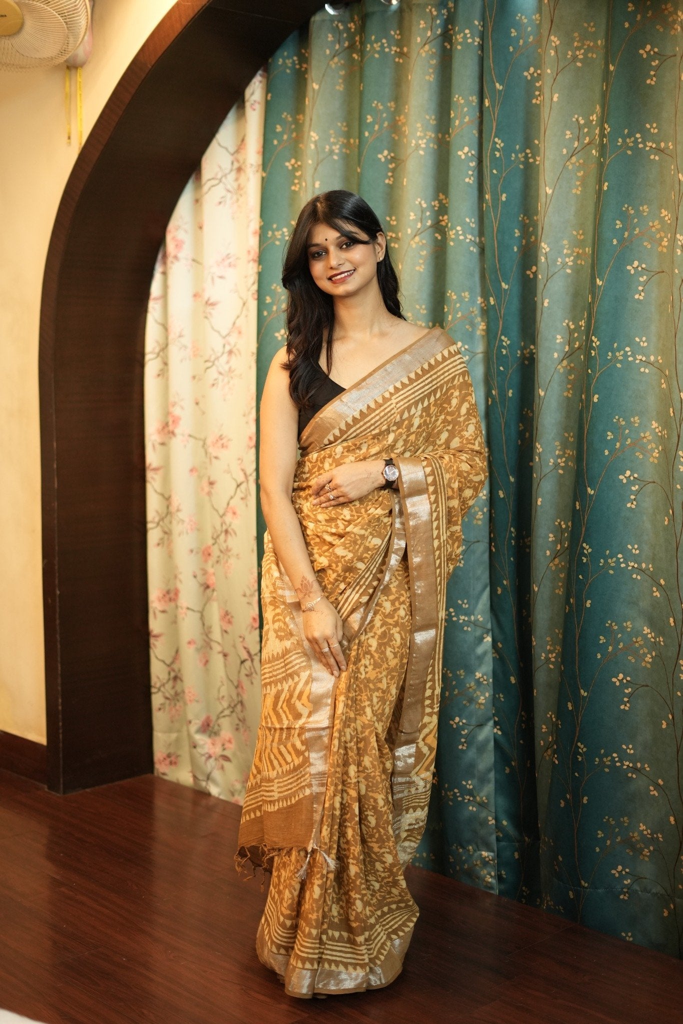 Sand Beige Hand Block Printed Mul Cotton Saree