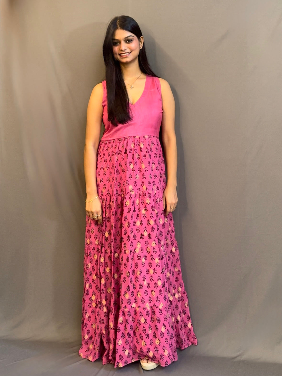 Pink Pure Georgette Hand Blocked Dress