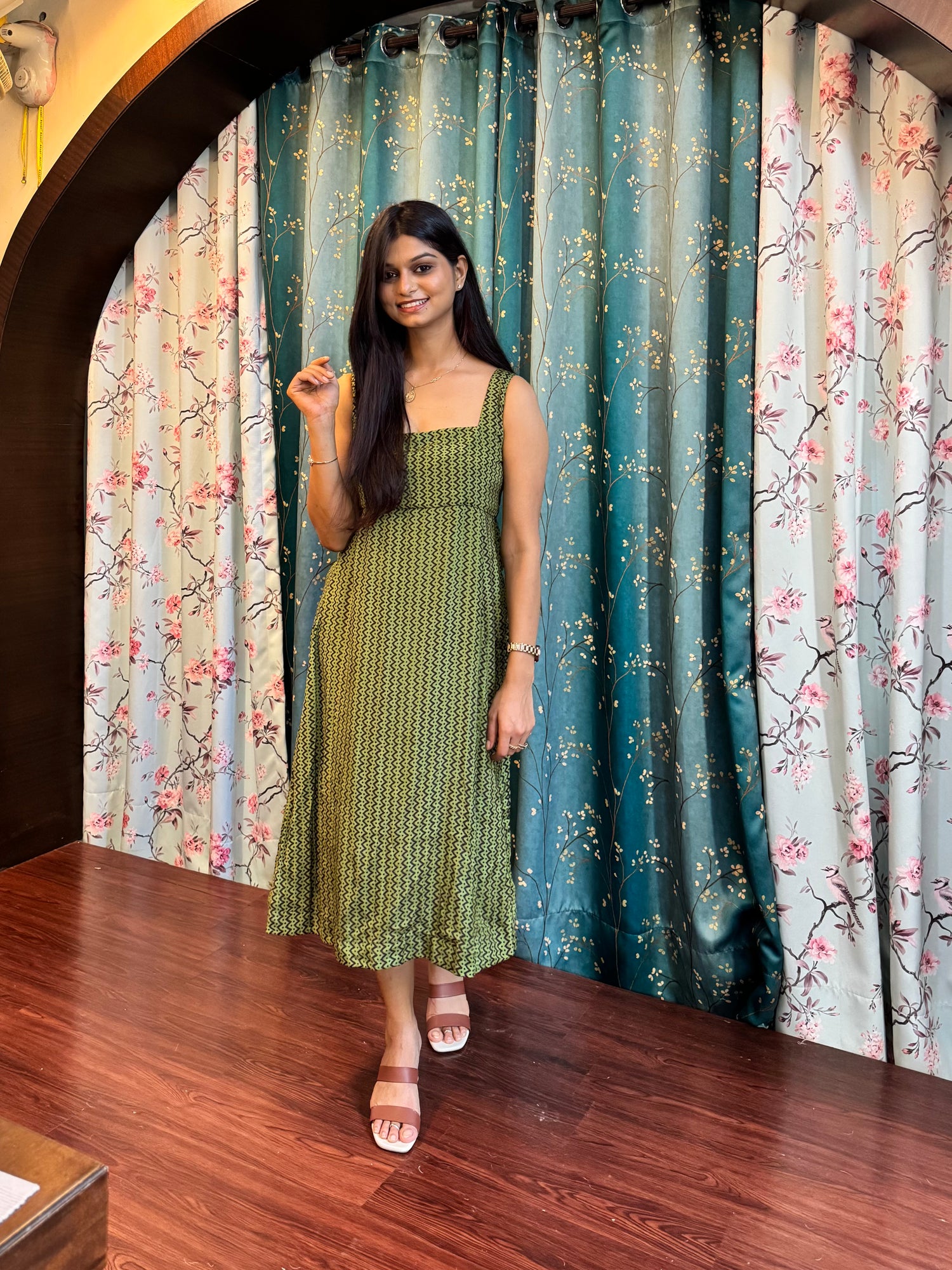 Green Hand-blocked Crepe Dress