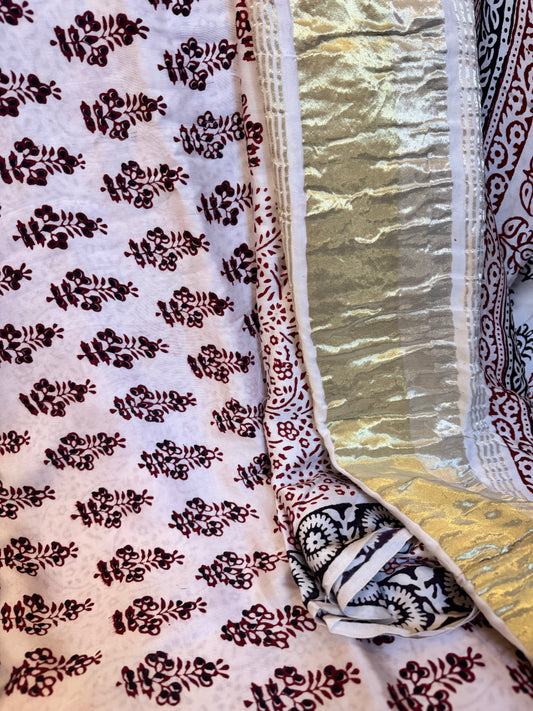 White Bagru Hand Block Modal Silk Suit Set