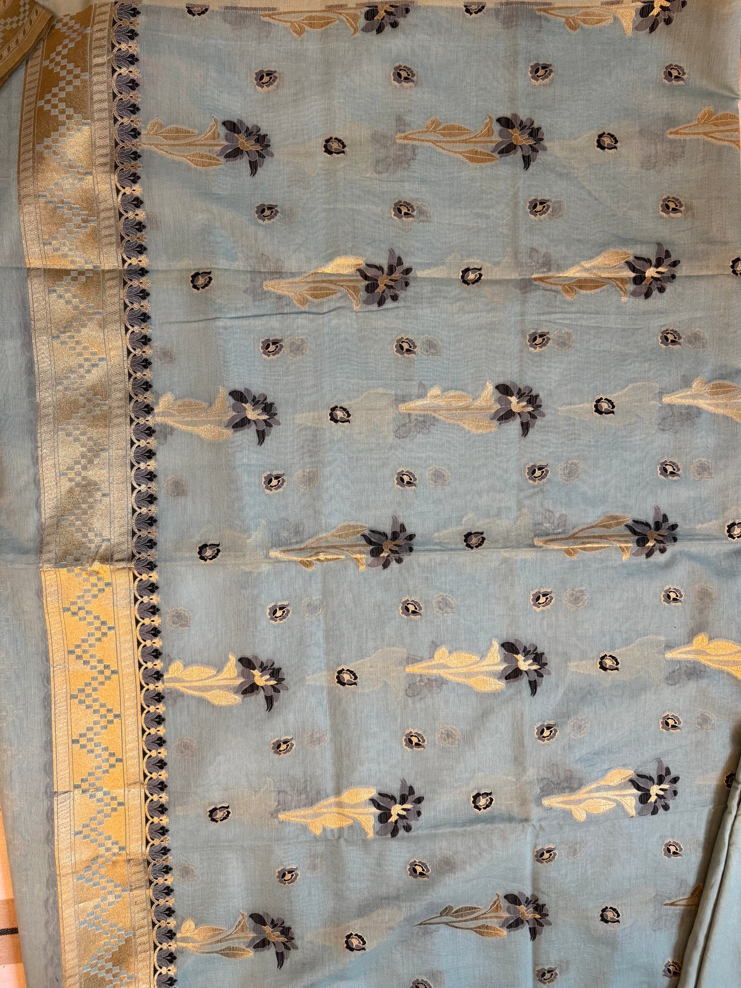 Sky blue Pure mul cotton banarsee three piece suit