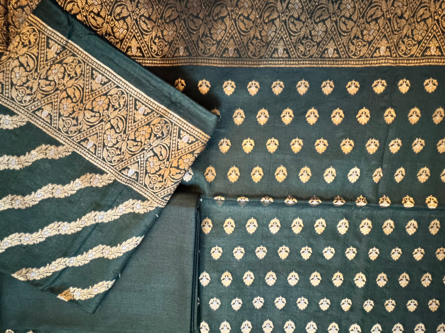 Bottle green Pure mulberry silk Banarasi suit set