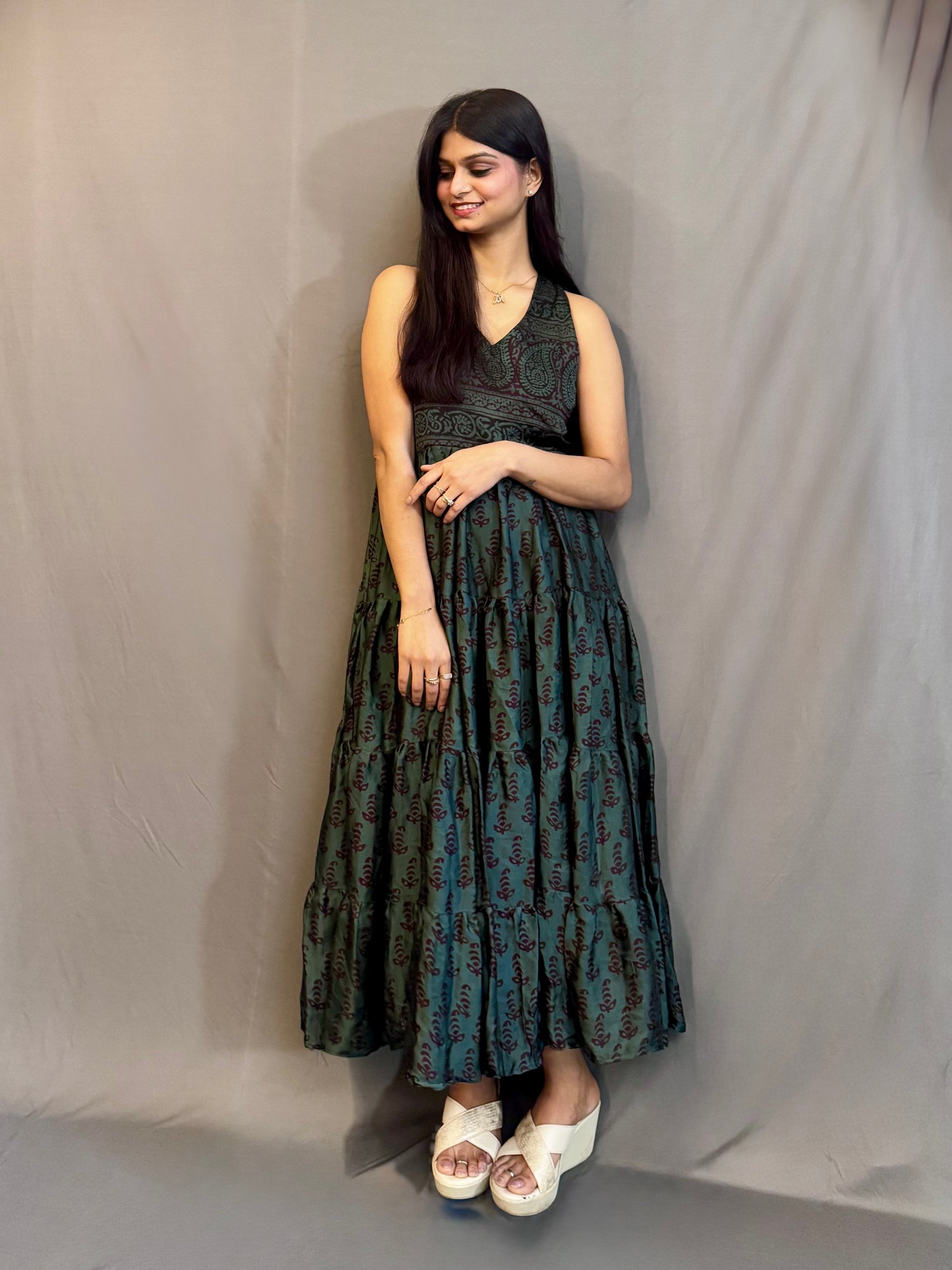 Sage Green Hand Blocked Modal Silk Dress