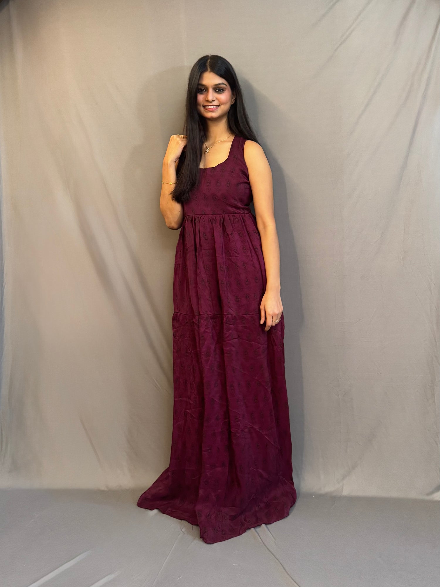 Wine Pure Crepe Hand Blocked Dress