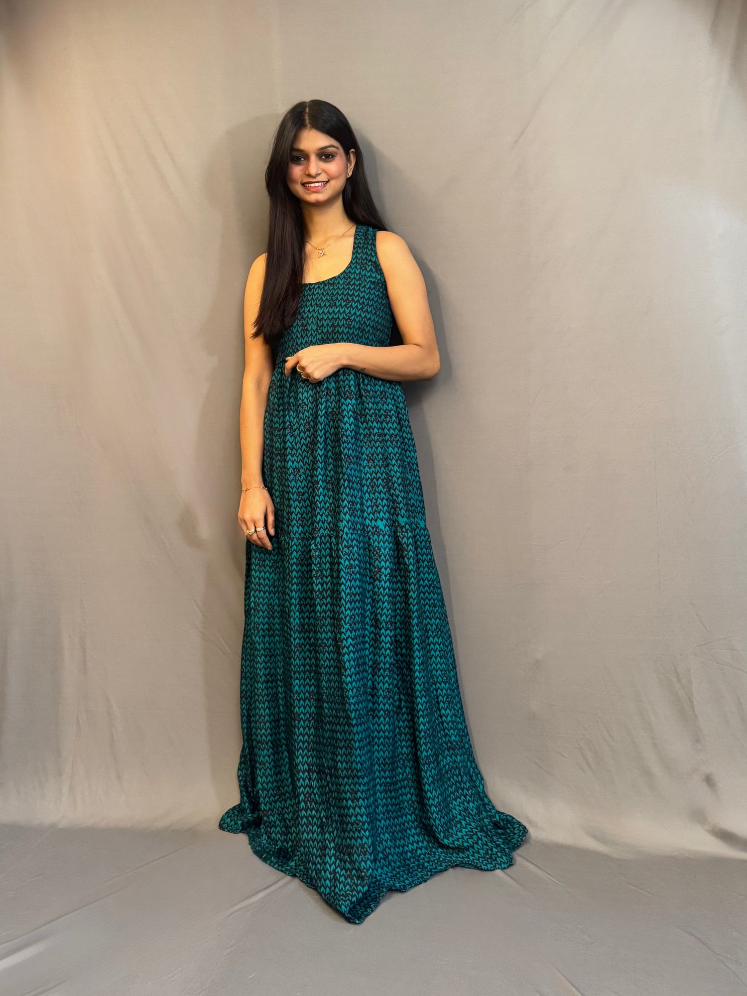 Turquoise Silk Hand Blocked Dress