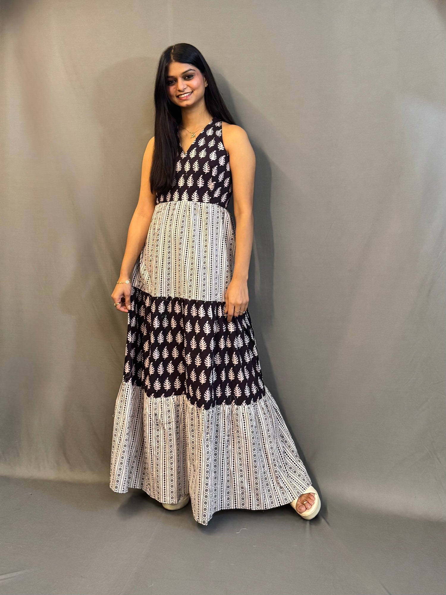 White and Black Hand Blocked Pure Cotton Tier Dress