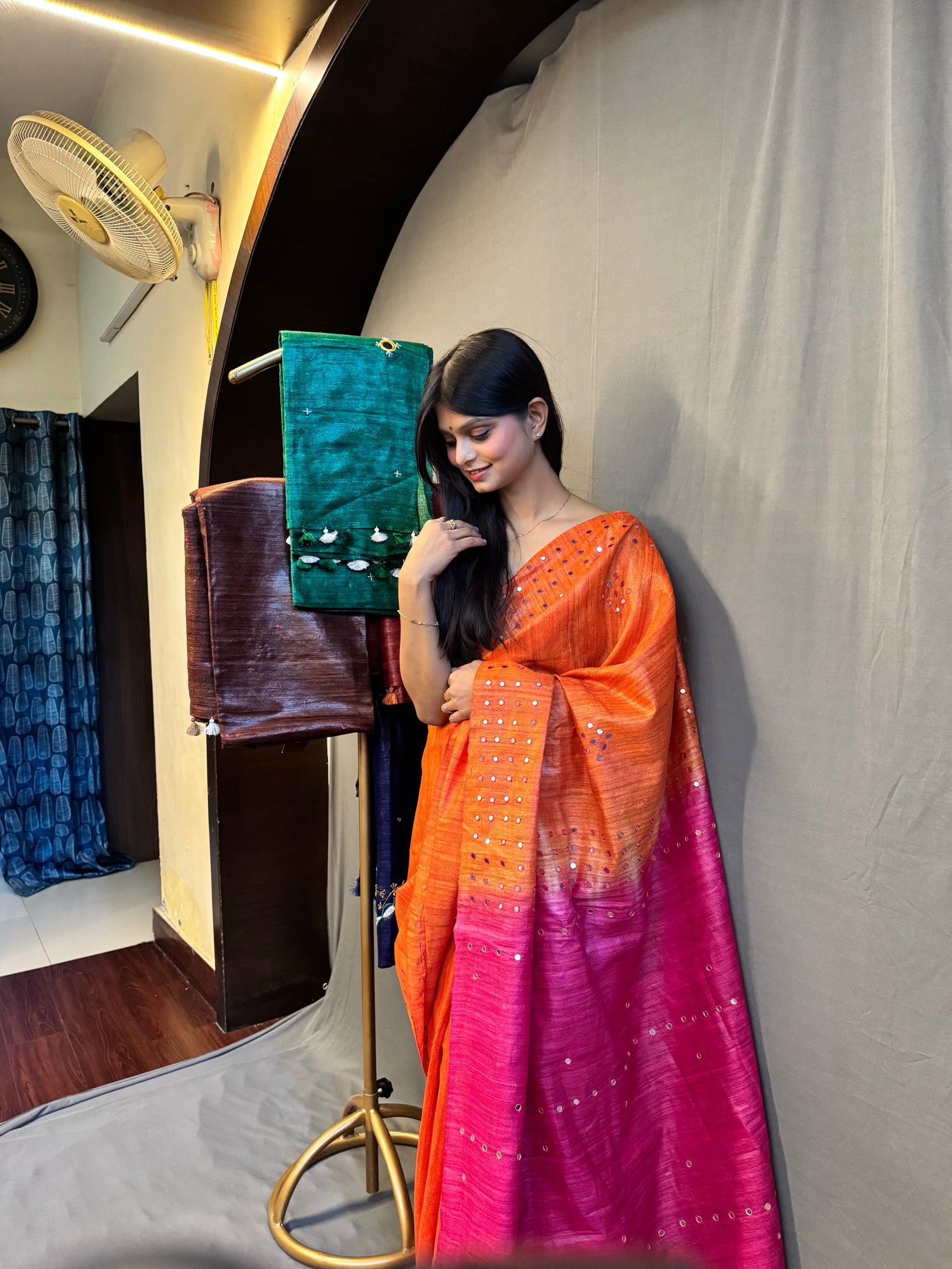 Orange Pure Bhagalpuri Tussar Ghicha Saree with Magenta Contrast Pallu and Mirror Work