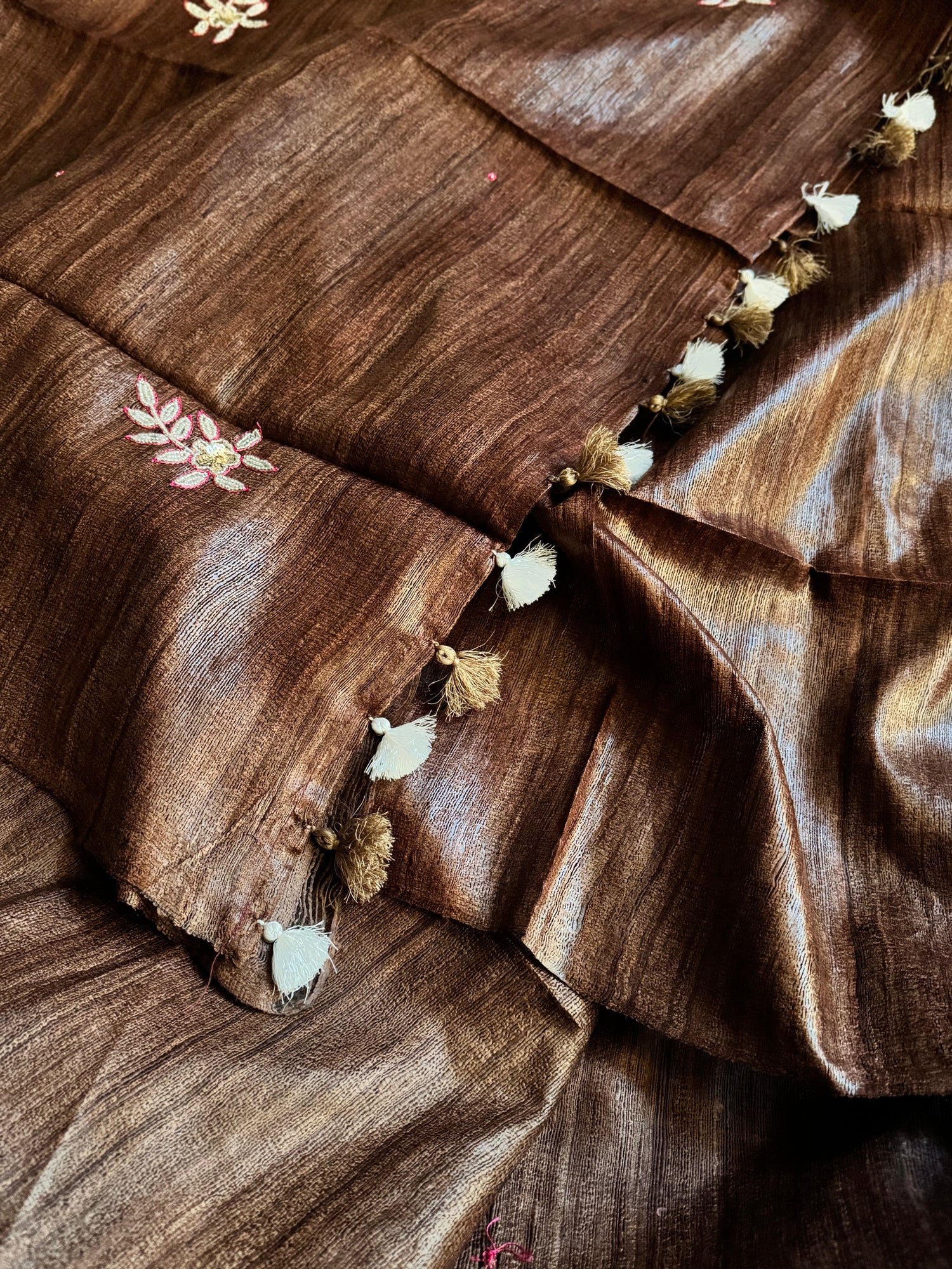 Brown Pure Bhagalpuri Tussar Gheecha Saree with Magenta Resham and Moti Work