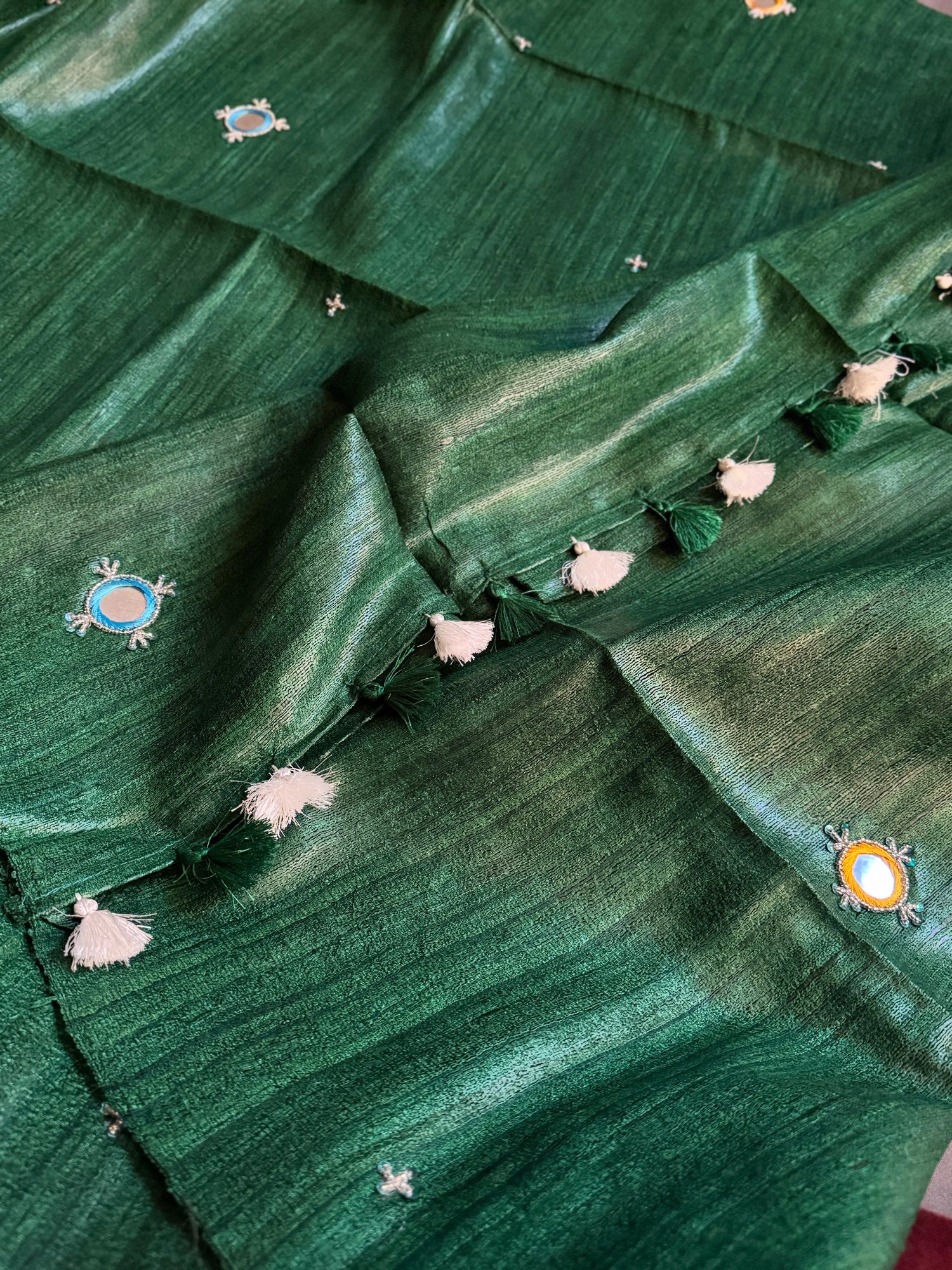 Dark Green Pure Bhagalpuri Tussar Gheecha Saree with Abla Mirror, Resham and Moti Work