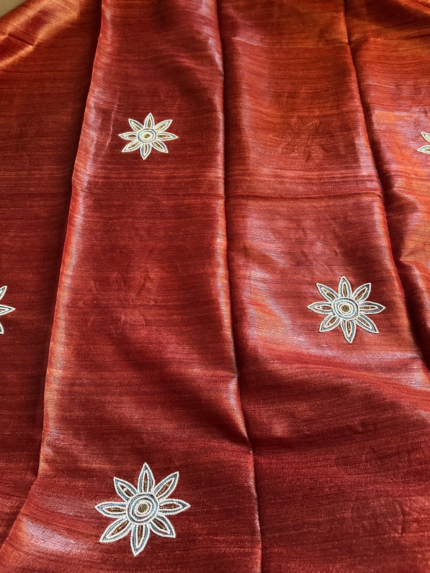 ust Pure Bhagalpuri Tussar Ghicha Saree with Sky Blue Resham and Moti Work