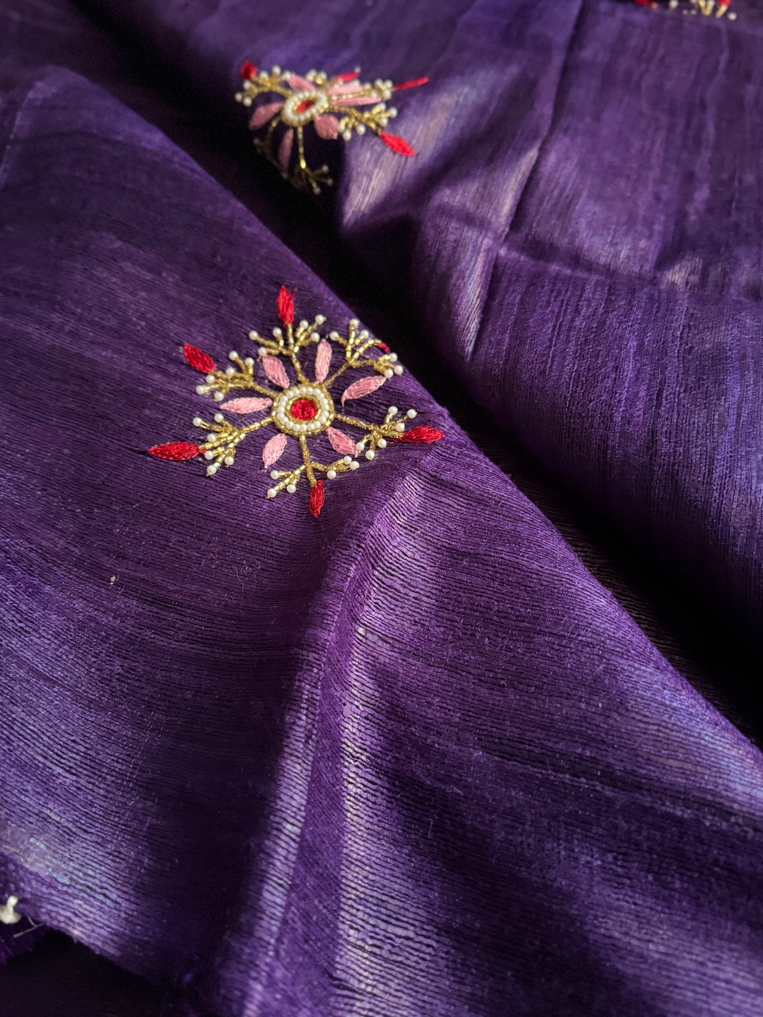 Purple Pure Bhagalpuri Tussar Ghicha Saree with Resham and Cutdana Work