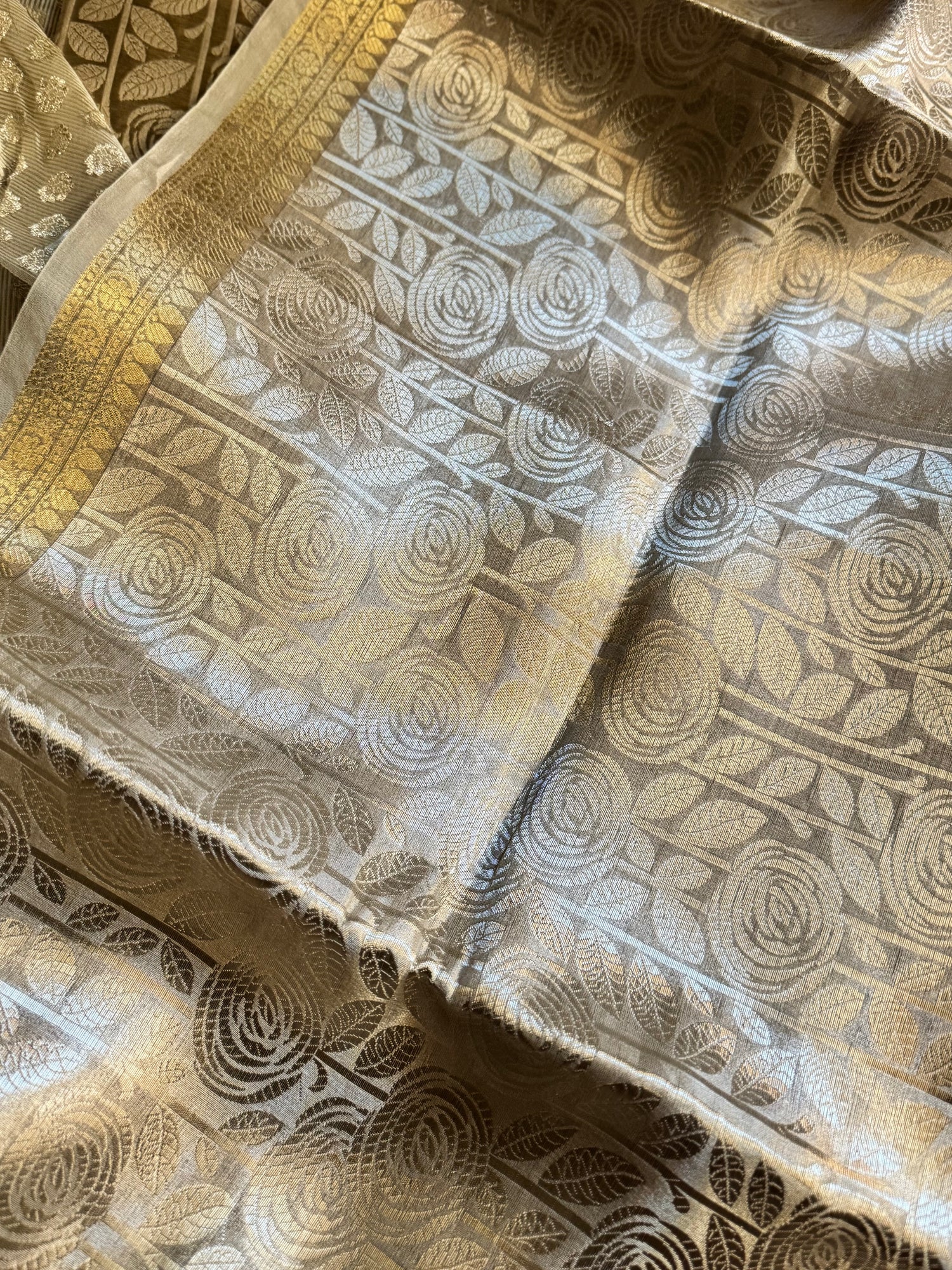 Ivory White Tissue Saree with Silver Zari Brocade and Jharokha Pallu