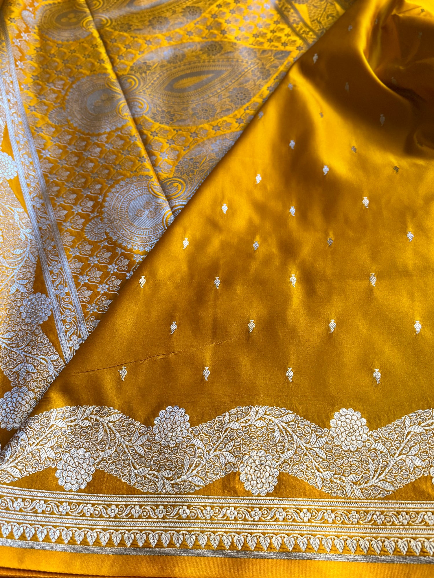 Mustard Yellow Banarasi Satin Silk Saree with Silver Zari Border