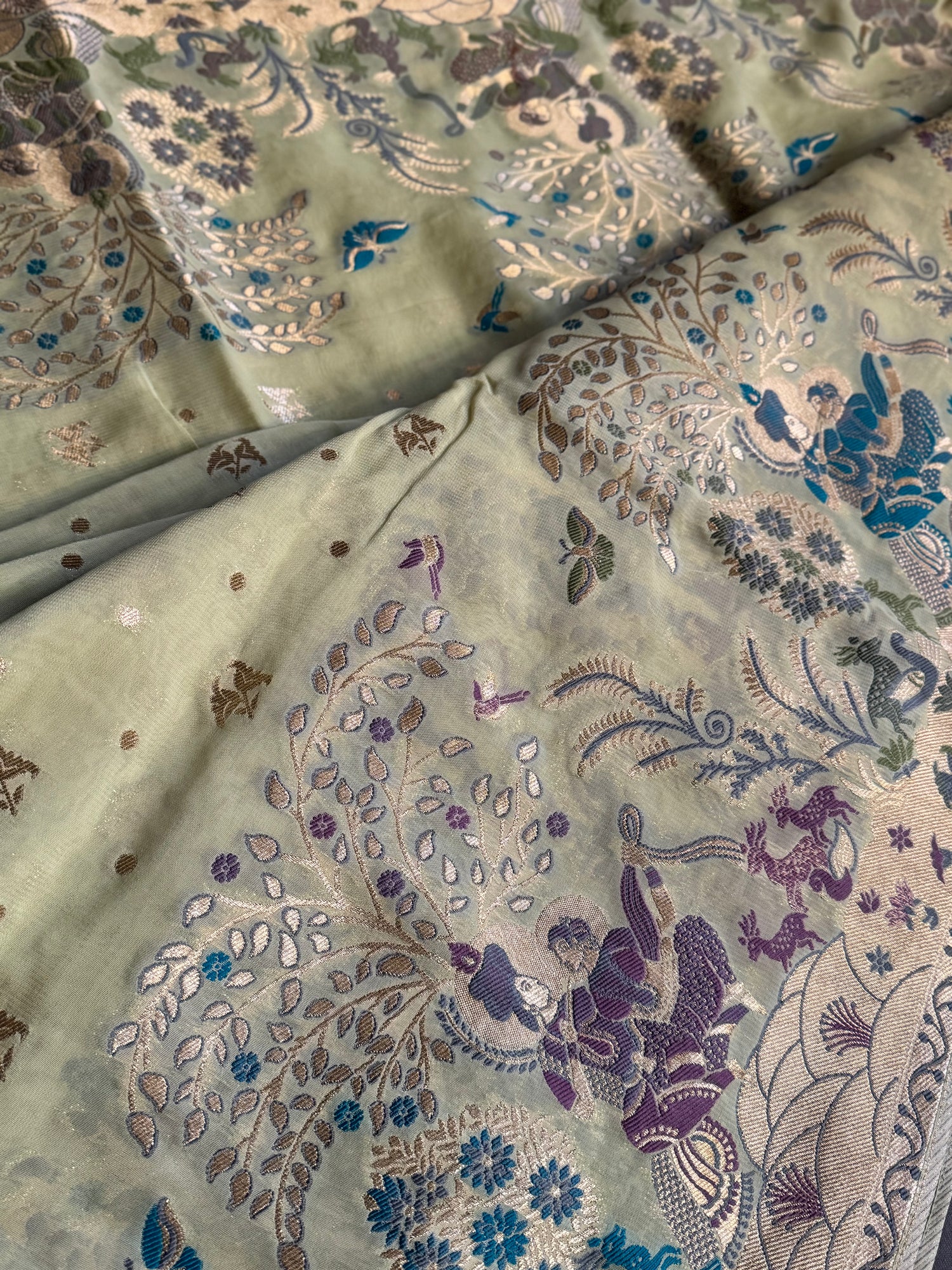 Pista Green Chiffon Madhubani Resham and Zari Woven Saree