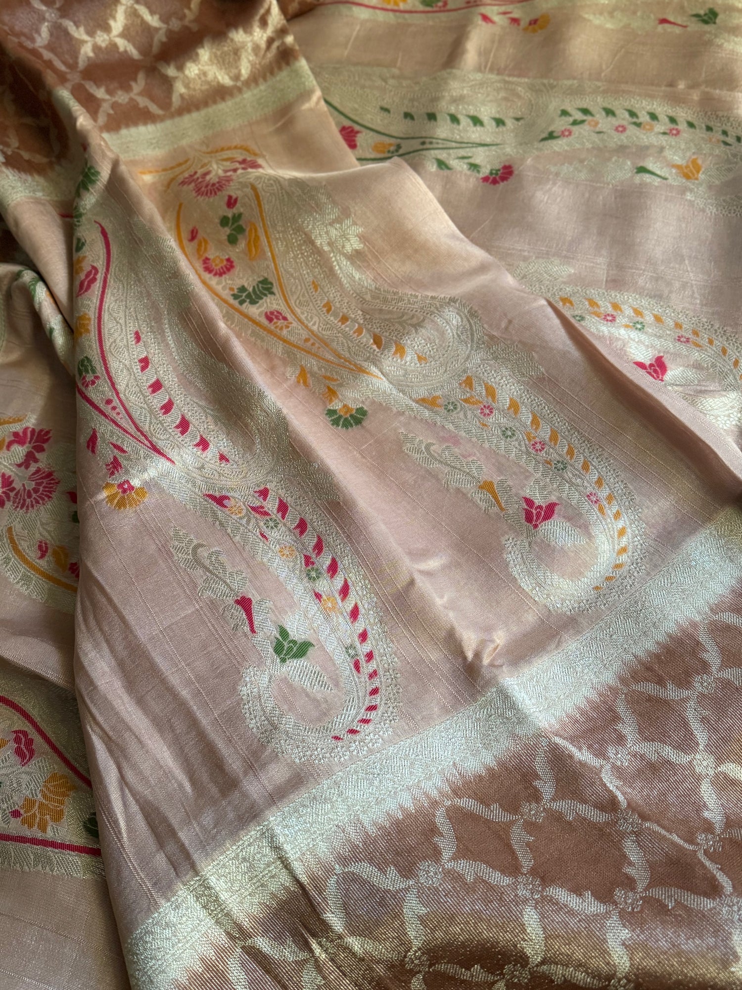 Rust and Peach Tussar and Tissue Silk Saree with Meena Detailing