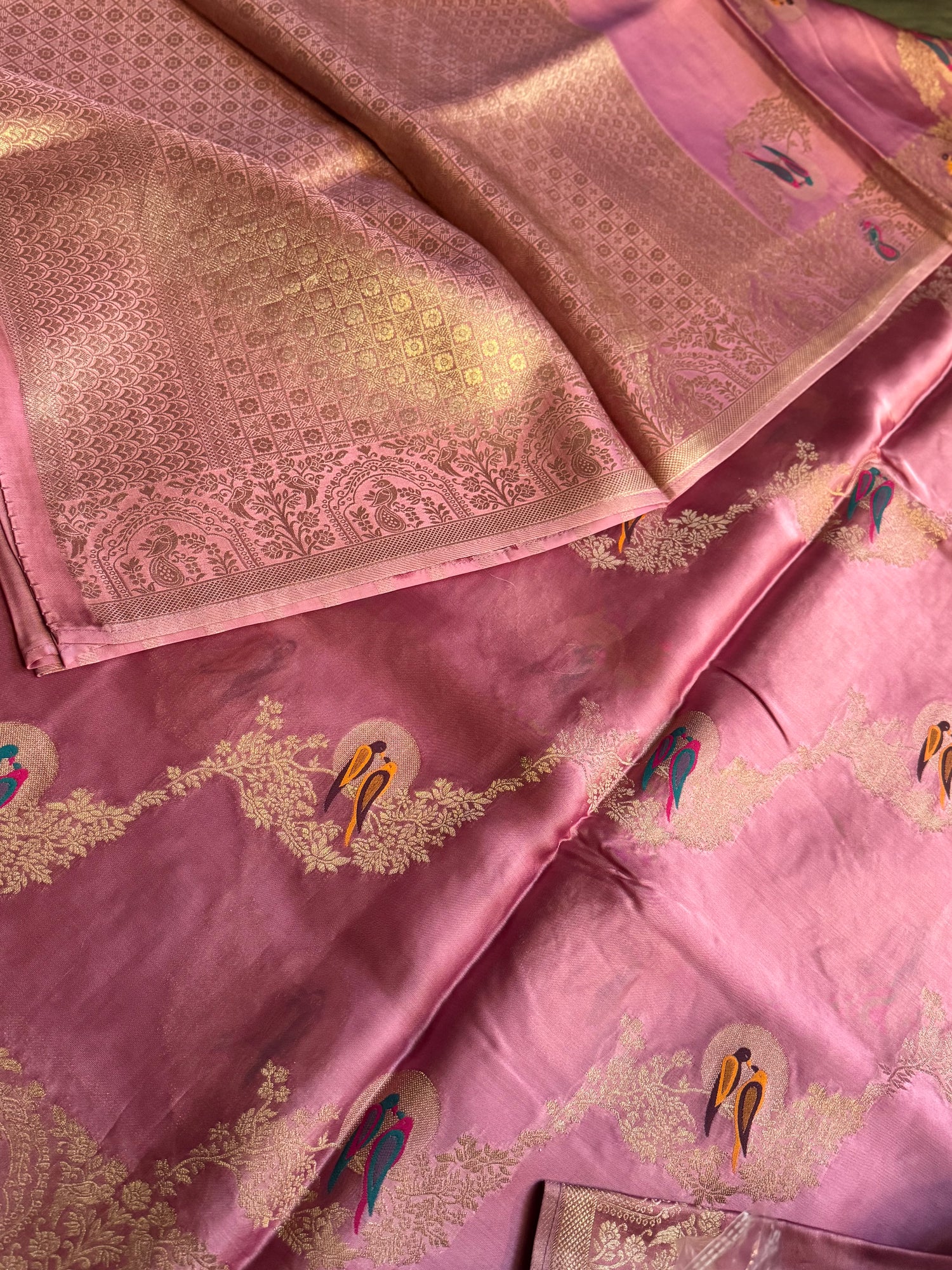 Pink Banarasi Satin Organza Saree with Zari Stripes and Resham Meenakari Lovebird Motifs