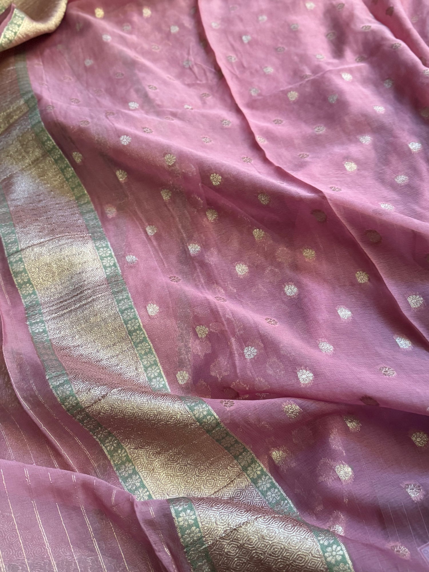 Onion Pink Khadi Chiffon Saree with Resham Floral Border