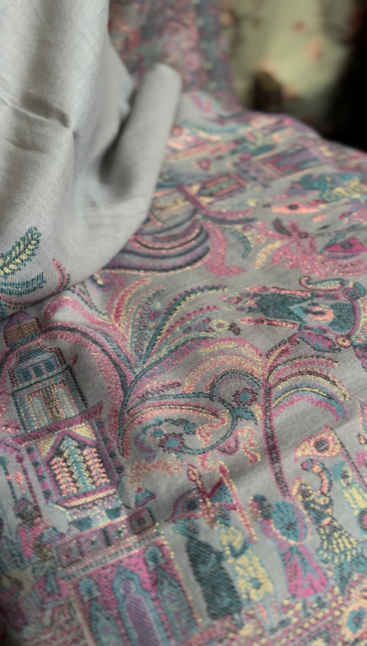 Grey Pure Pashmina with multicolour weave and zari hints Kashmiri Shawl