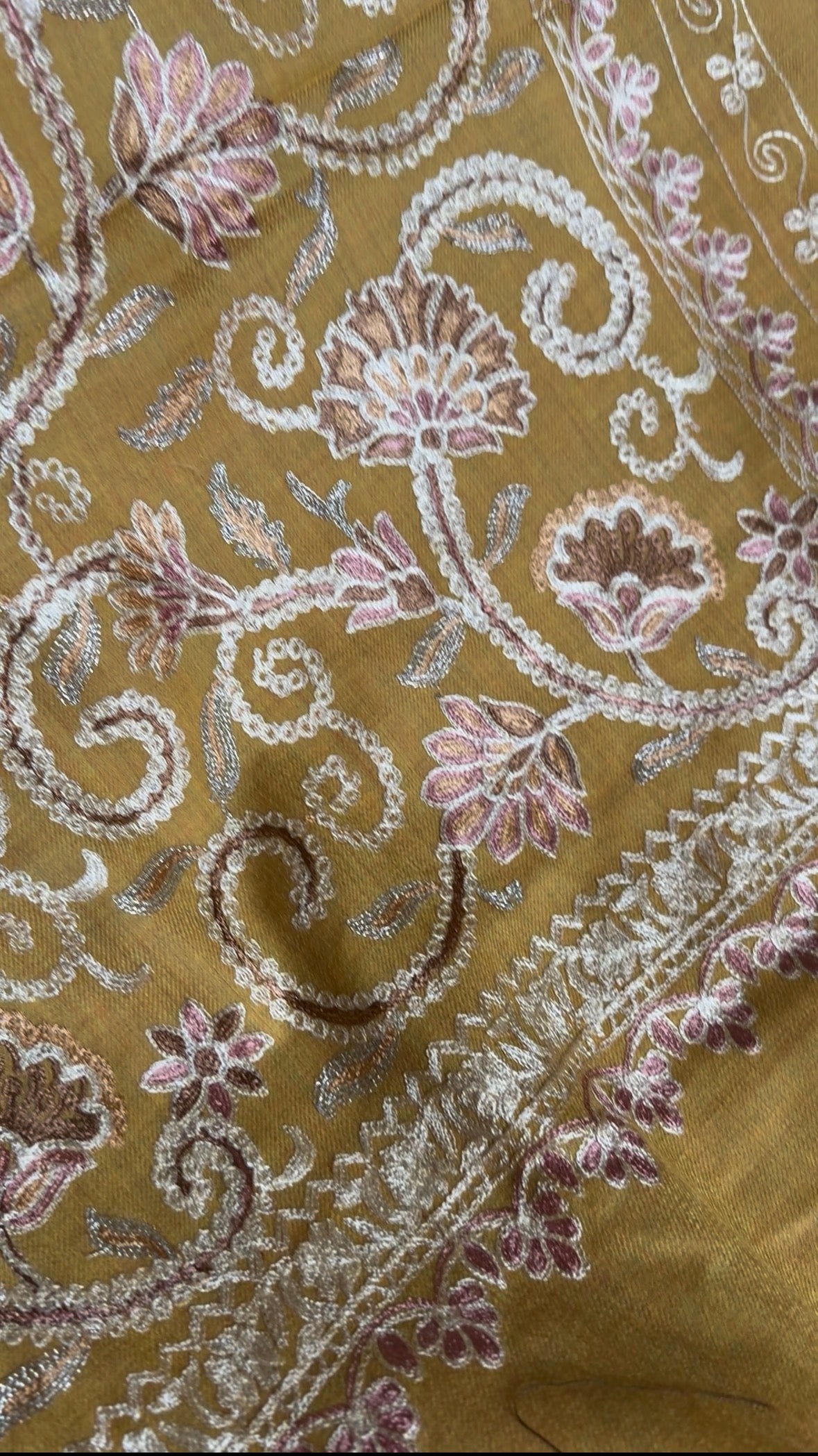 Mustard Pure Pashmina with full heavy aari jaal Kashmiri Shawl