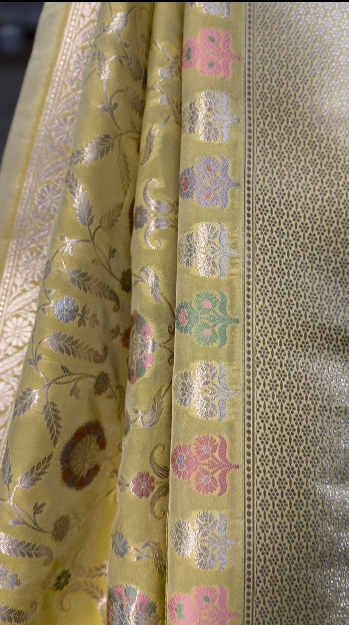 Lemon Yellow Multicolour Resham Meena Pure Katan Silk Banarasi Saree