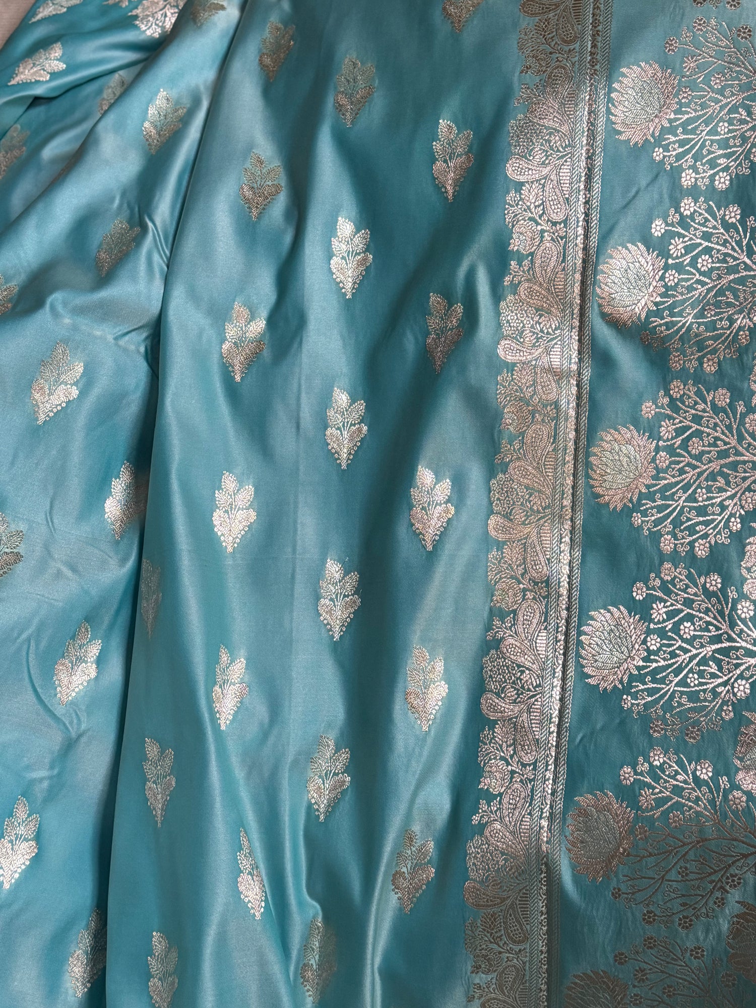 Sky Blue Banarasi Sona Rupa Satin Silk Saree with Floral Tree Pallu
