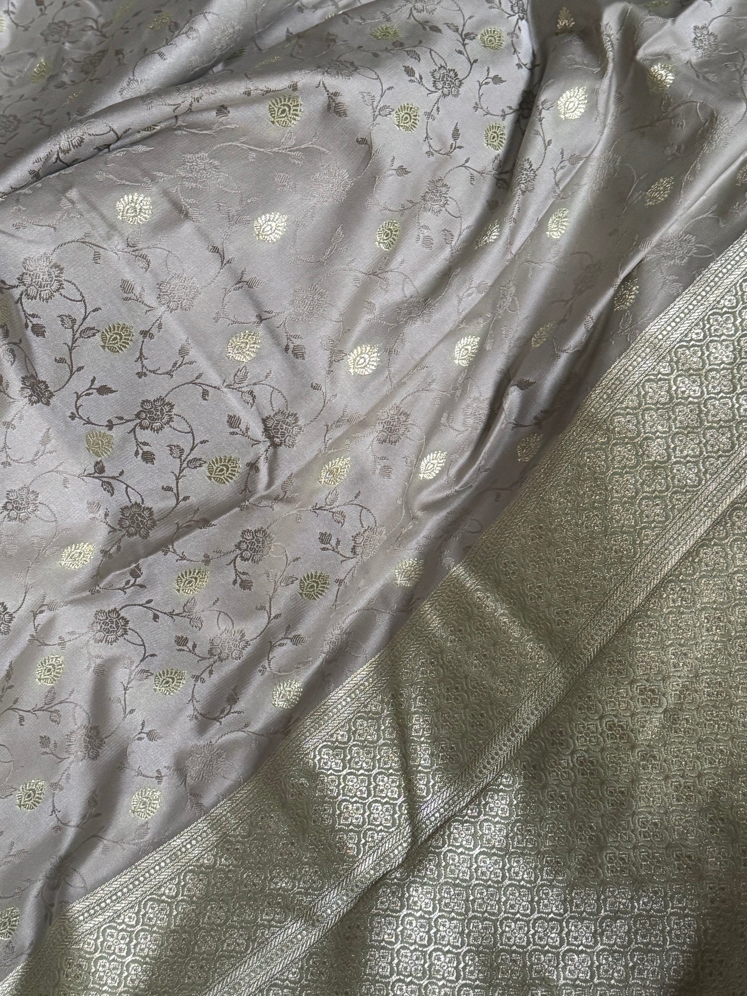 Silver Resham Jaal Banarasi Saree with Heavy Silver Zari