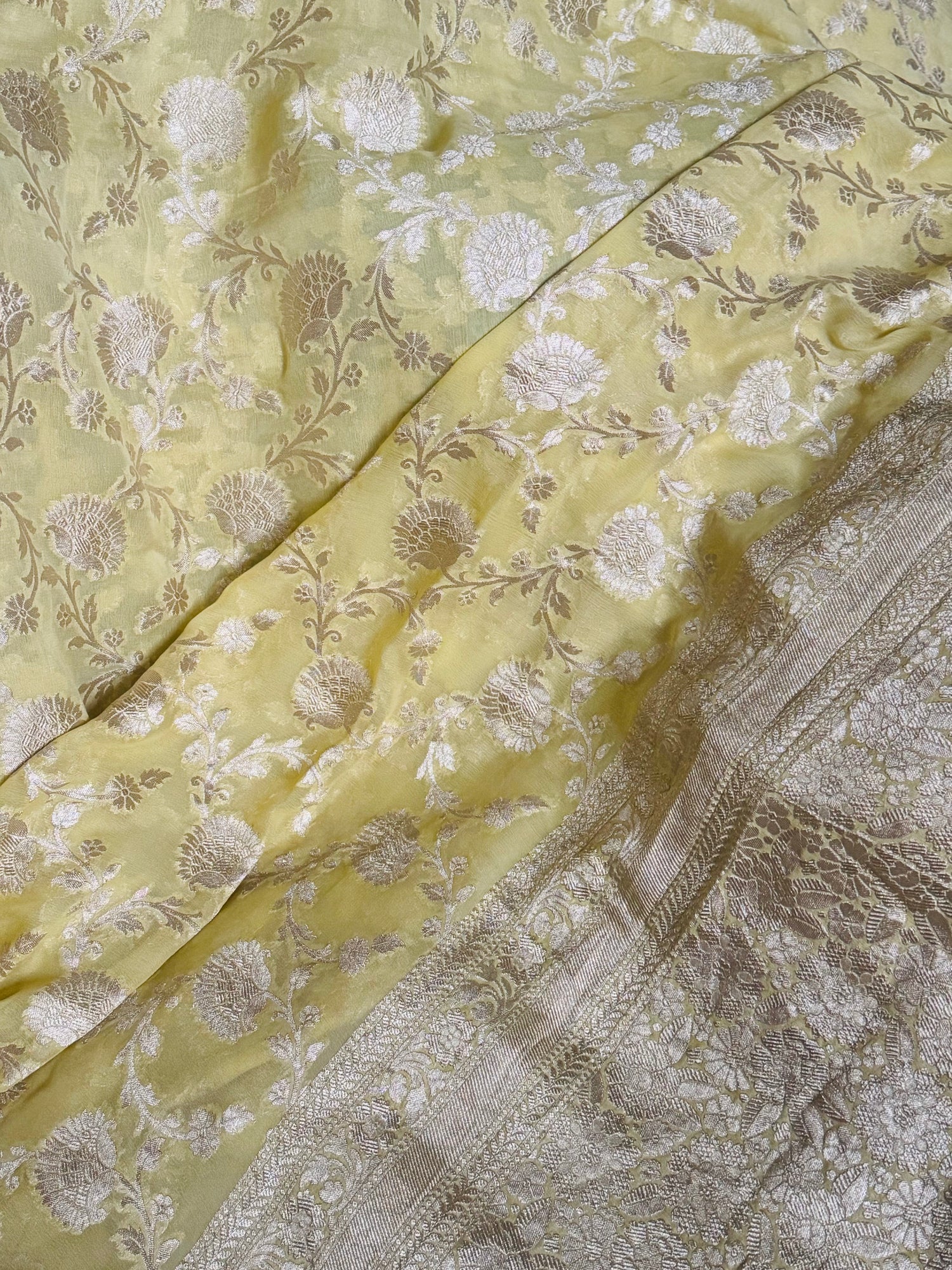 Lemon Yellow Pure Chiffon Khaddi Saree with Water Zari Floral Jaal