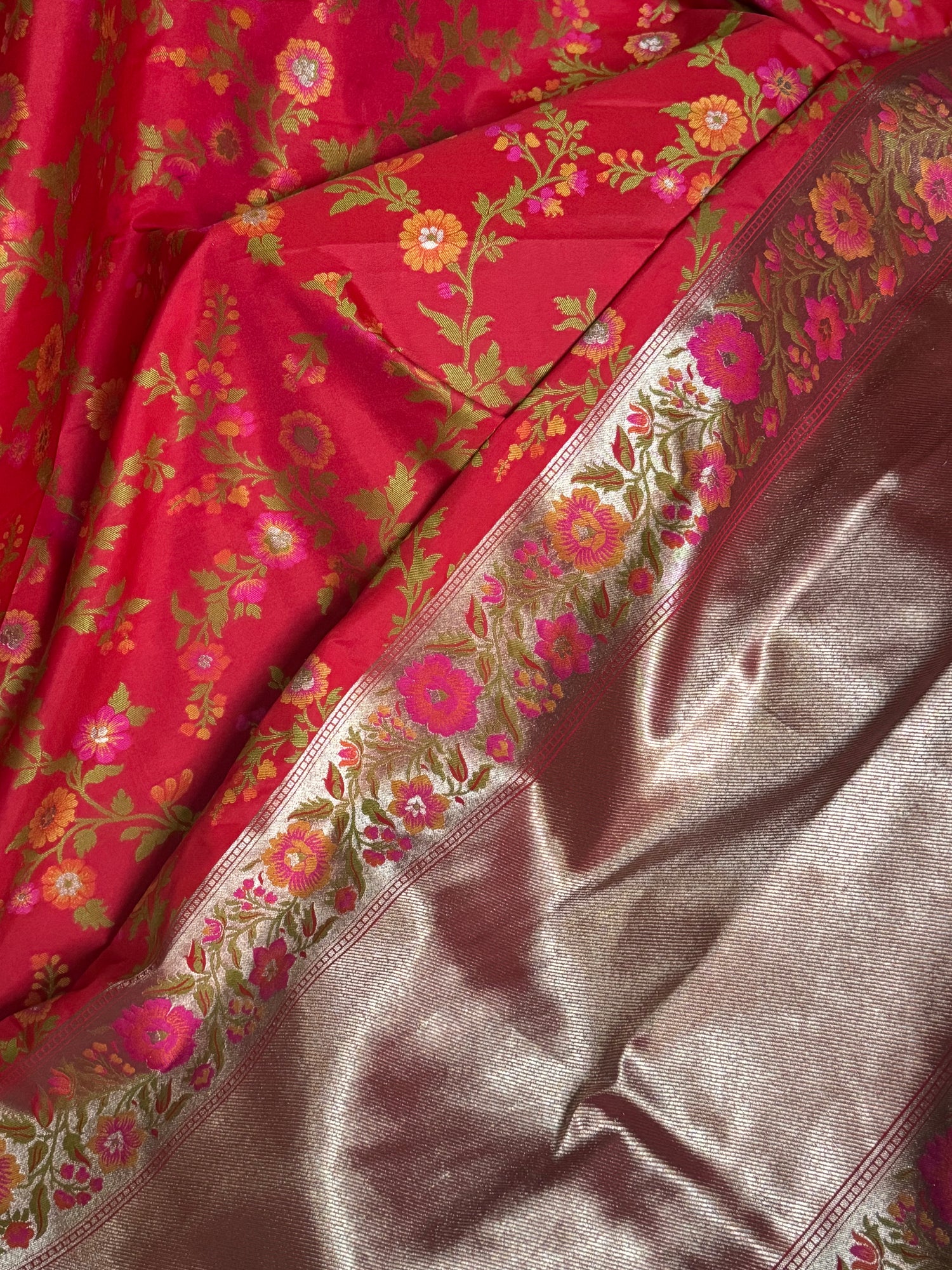 Red Pure Katan Silk Banarasi Saree with Paithani Inspired Floral Jaal and Temple Border