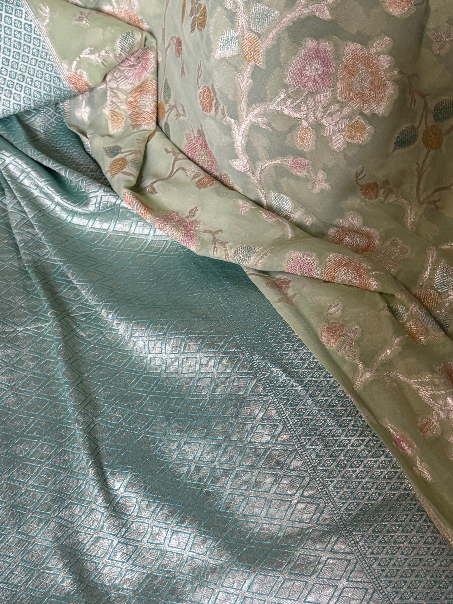Pista Green Pure Chiffon Khaddi Saree with Aquamarine Contrast Border