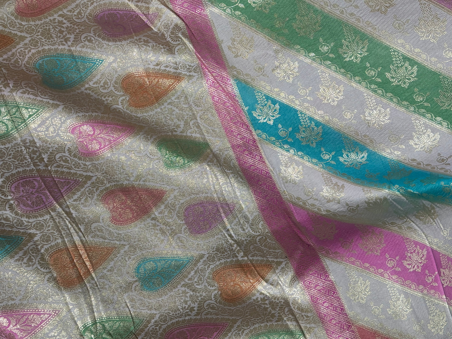 Off White Pure Mulberry Silk Tanchoi Saree with Rainbow Stripes and Fuchsia Pink Accents