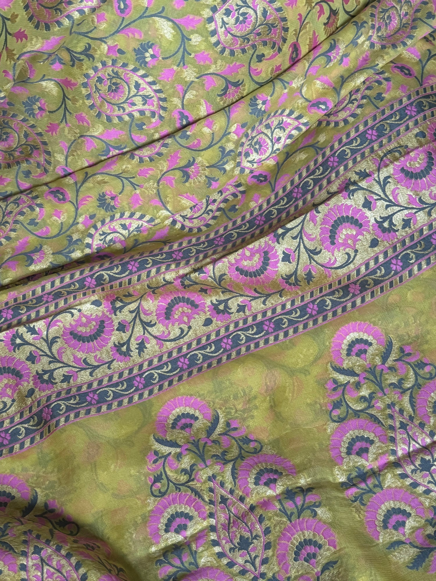 Lemon Yellow Pure Chiffon Saree with Resham Jamawar Jaal and Antique Zari