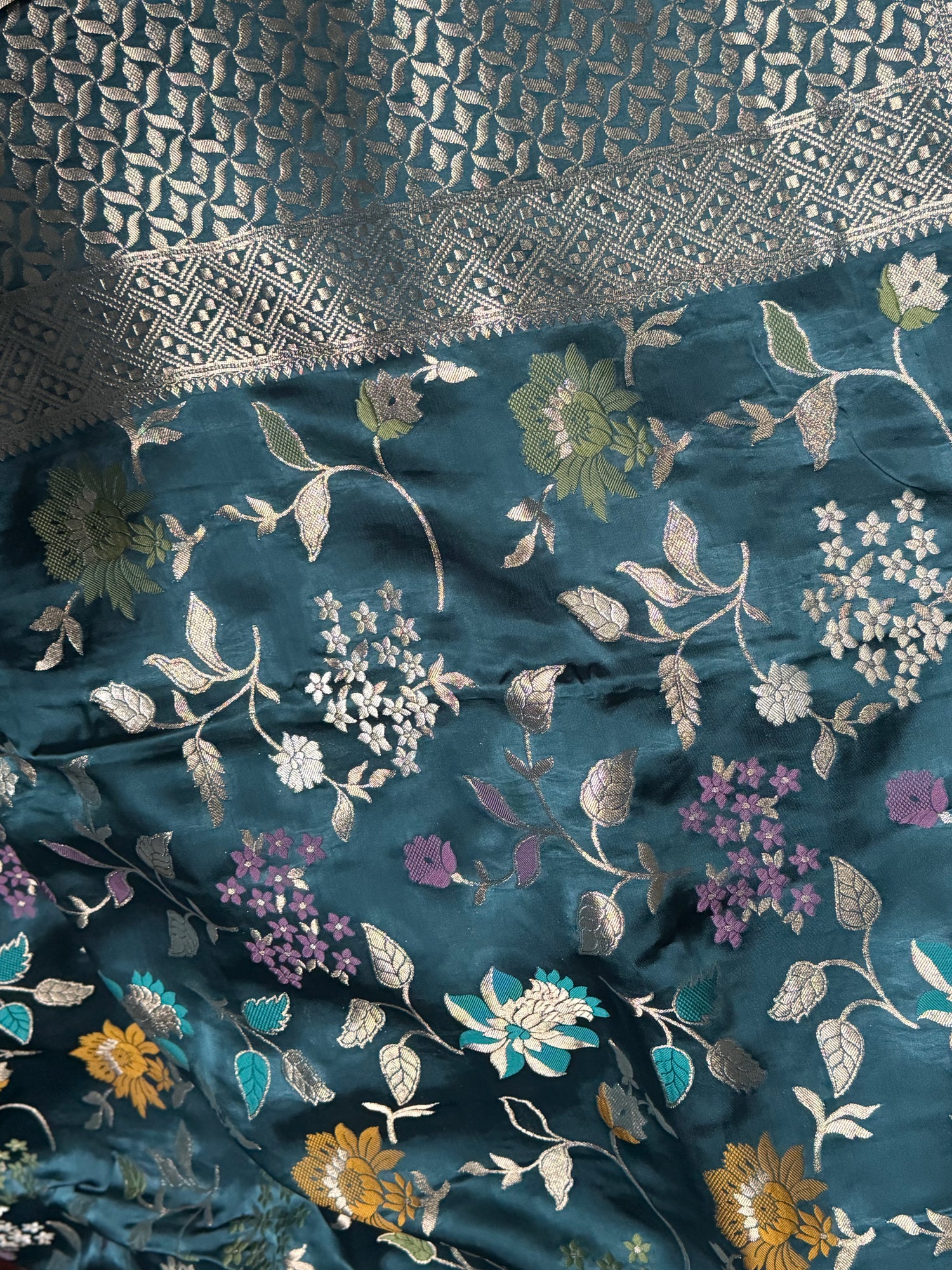 Teal Satin Organza Banarasi Saree with Multicolour Resham Floral Jaal
