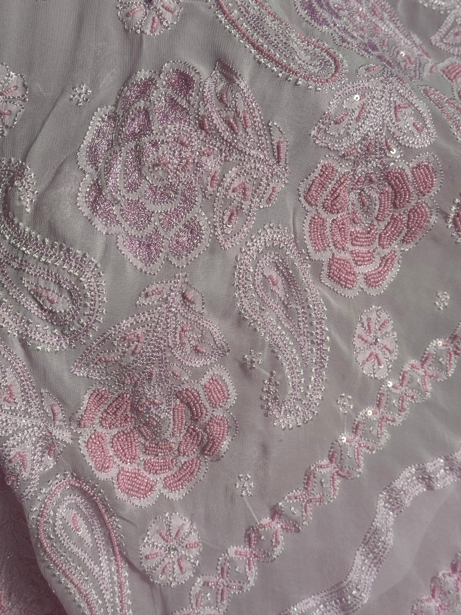 Pastel Pink Lucknowi Moti Resham Georgette Saree