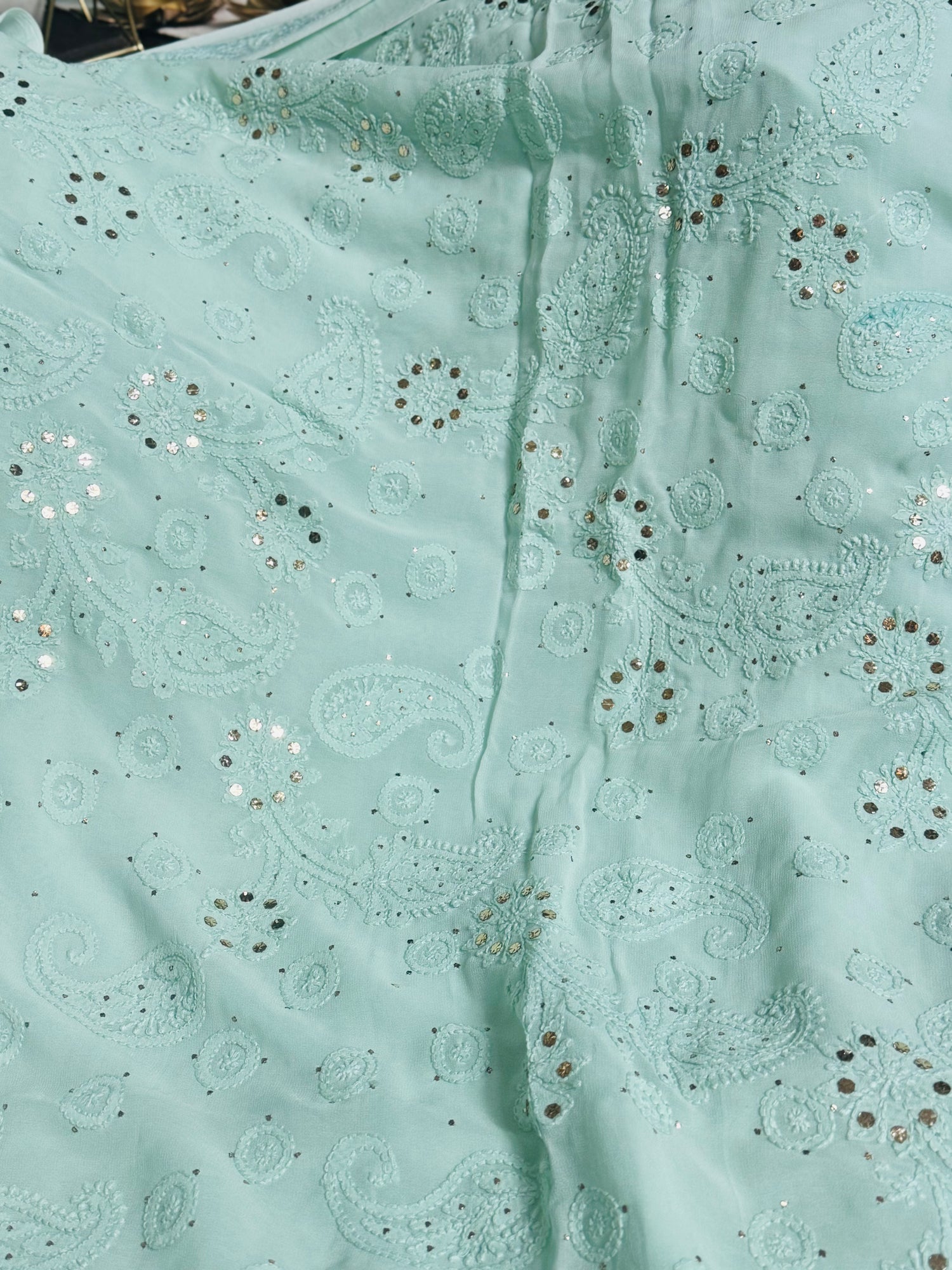 Pista Green Lucknowi Kamdani Resham Georgette Saree