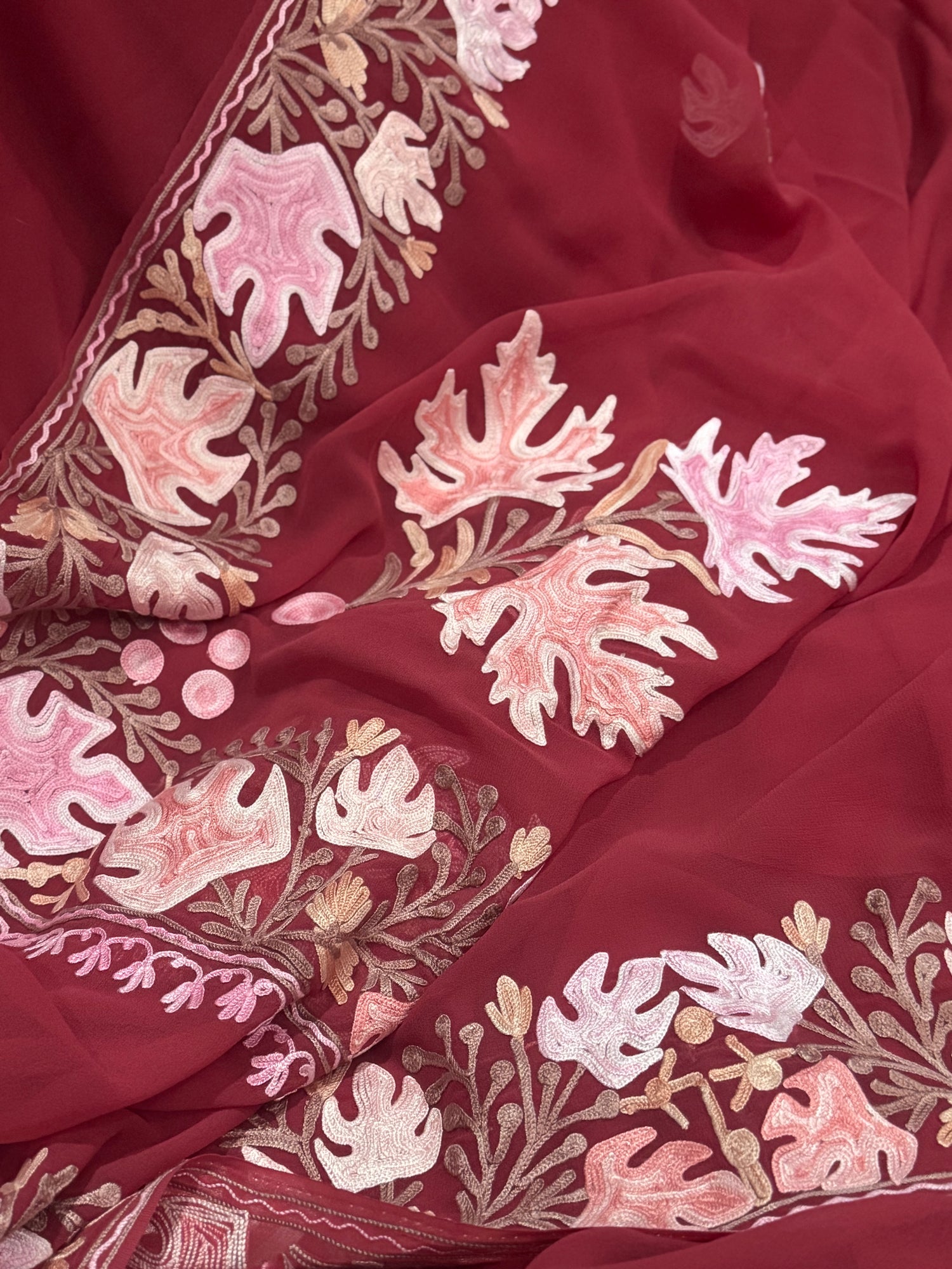 Garnet Red Kashmiri Ari Embroidery Georgette Saree