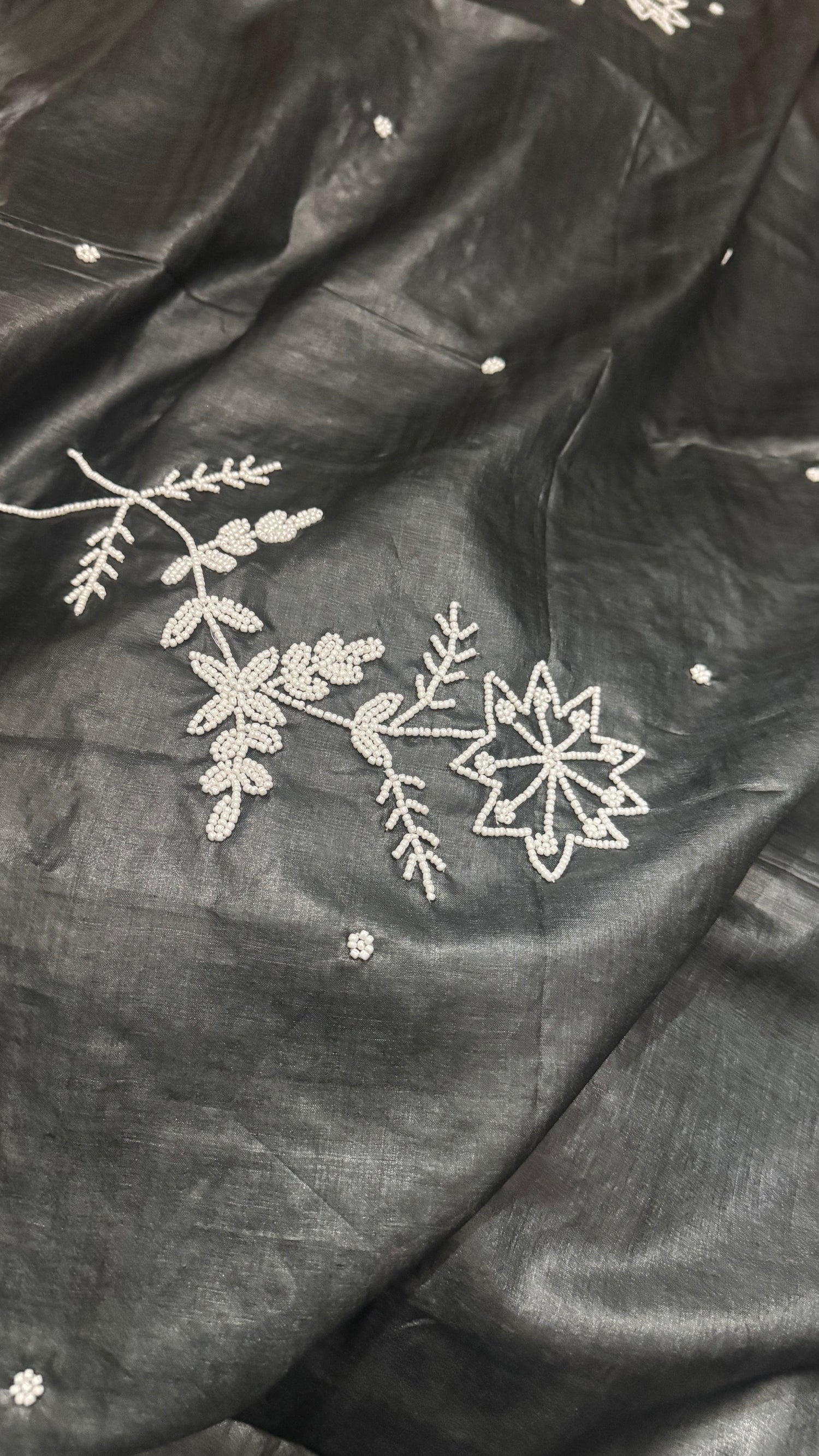 Black Bhagalpuri Tussar by Tussar Saree with Moti Work