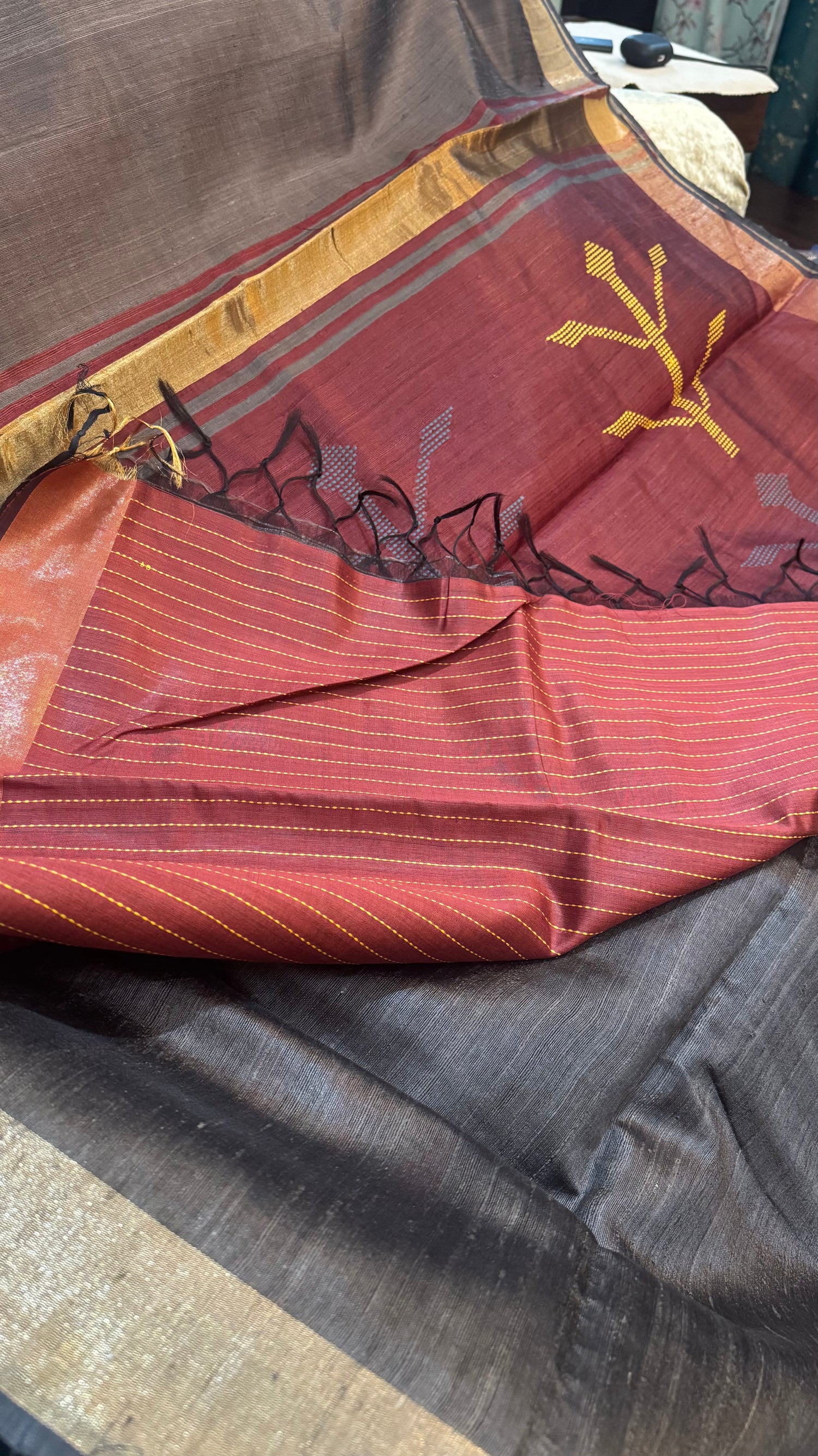 Grey and Maroon Bhagalpuri Raw Silk Saree with Gold Border and Woven Thread Motifs