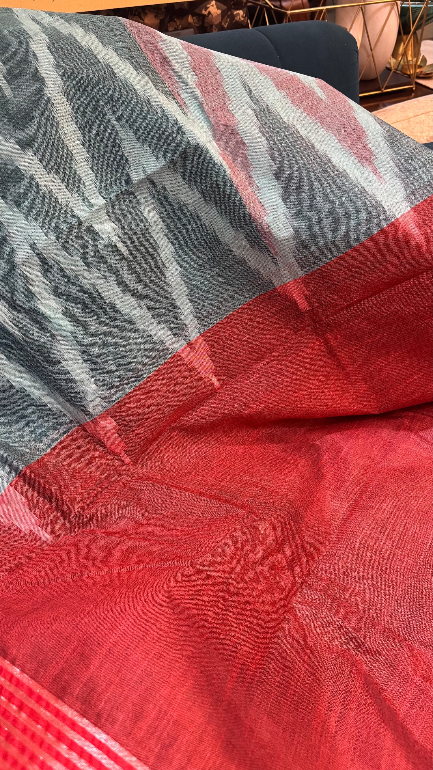 Turquoise Blue and Red Cotton Ikat Saree